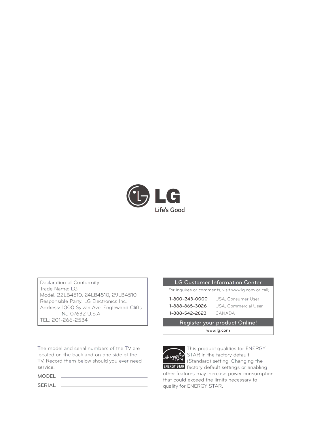 LG Electronics 24LB4510, 22LB4510, 29LB4510 owner manual LG Customer Information Center 