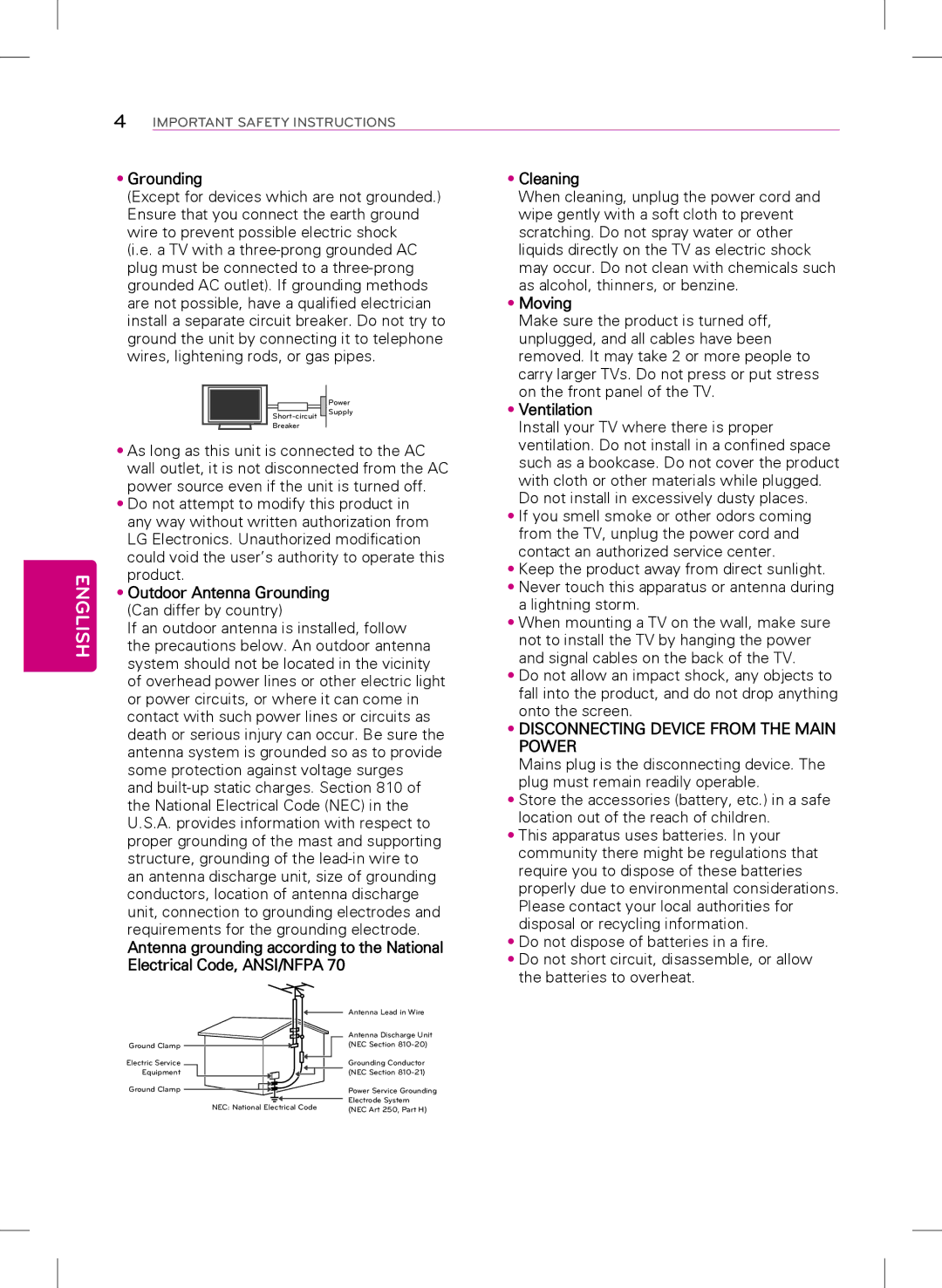 LG Electronics 24LB4510, 22LB4510, 29LB4510 owner manual Grounding, Moving, Ventilation 