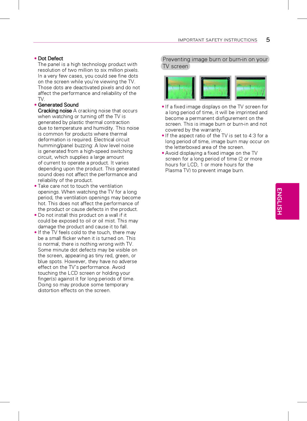 LG Electronics 29LB4510, 22LB4510, 24LB4510 Preventing image burn or burn-in on your TV screen, Dot Defect, Generated Sound 