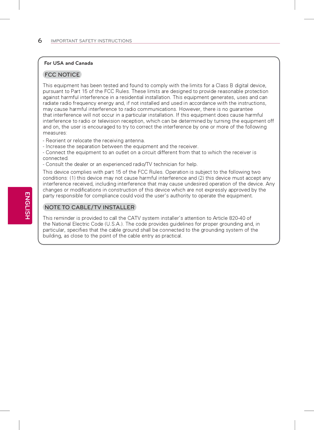 LG Electronics 22LB4510, 24LB4510, 29LB4510 owner manual FCC Notice, For USA and Canada 