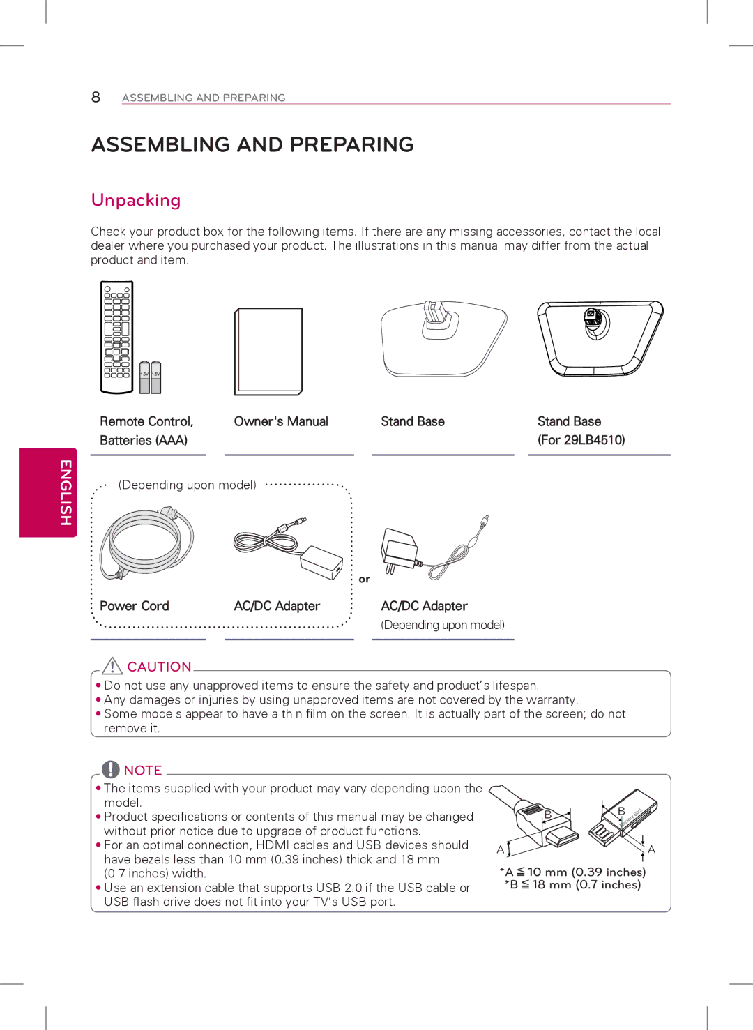 LG Electronics 22LB4510 Assembling and Preparing, Unpacking, Remote Control Stand Base Batteries AAA For 29LB4510 