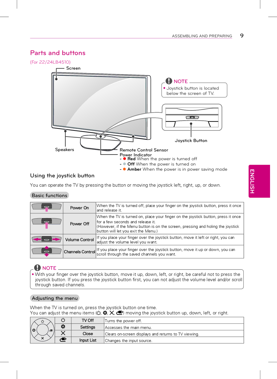 LG Electronics 22LB4510, 24LB4510 Parts and buttons, Using the joystick button, Basic functions, Adjusting the menu 