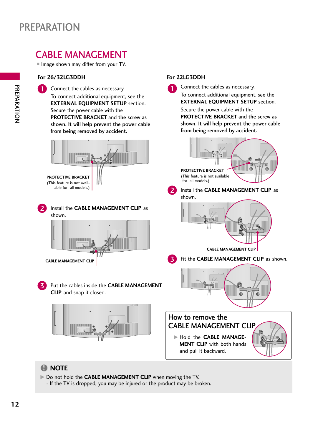 LG Electronics 22LG3DDH owner manual Cable Management, Connect the cables as necessary 