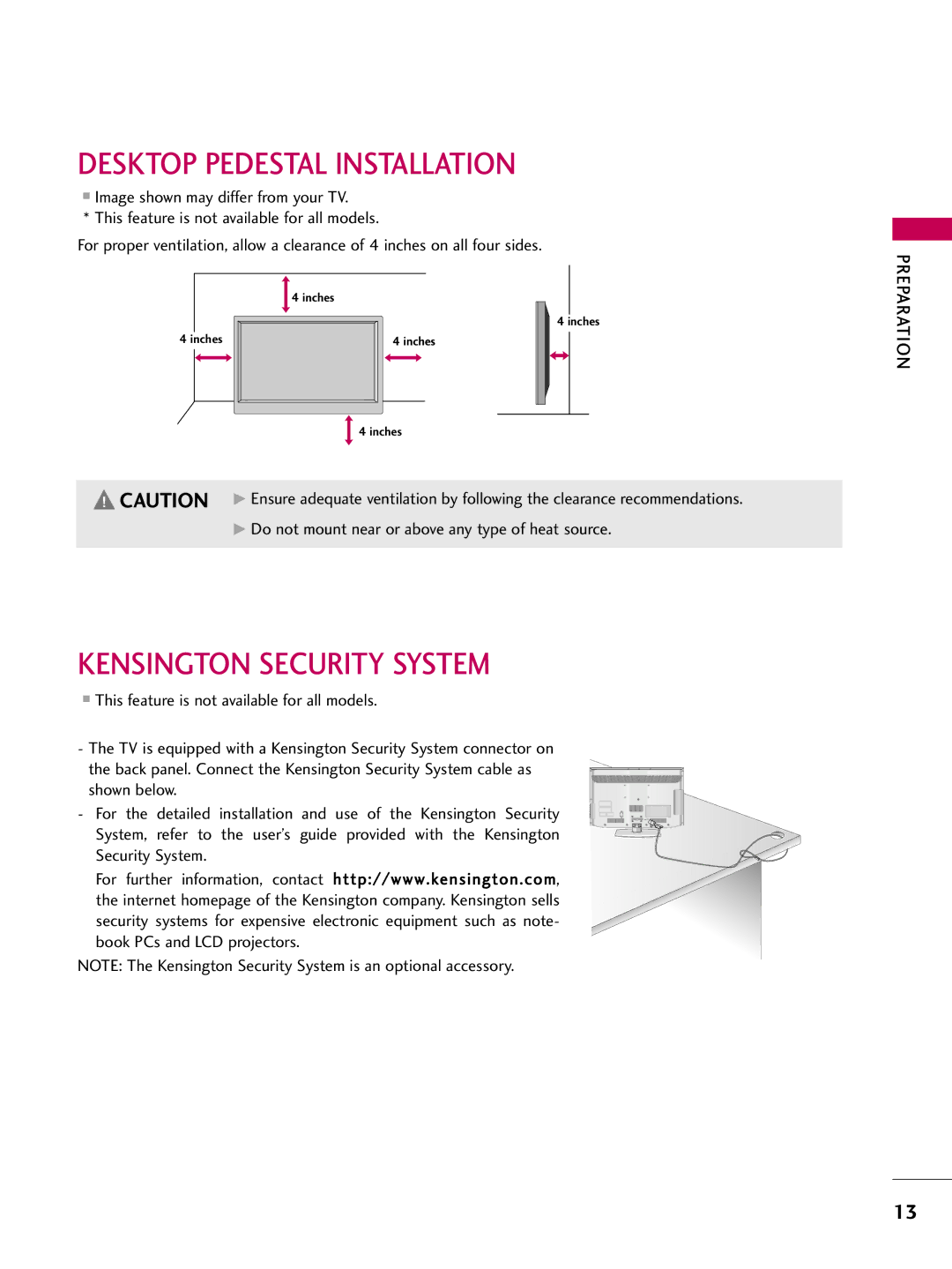 LG Electronics 22LG3DDH owner manual Desktop Pedestal Installation, Kensington Security System 