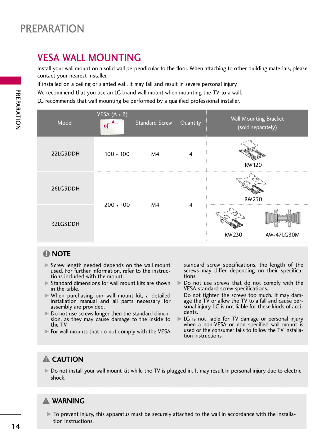 LG Electronics 22LG3DDH owner manual Vesa Wall Mounting, 100 RW120, 26LG3DDH, RW230 200, 32LG3DDH 