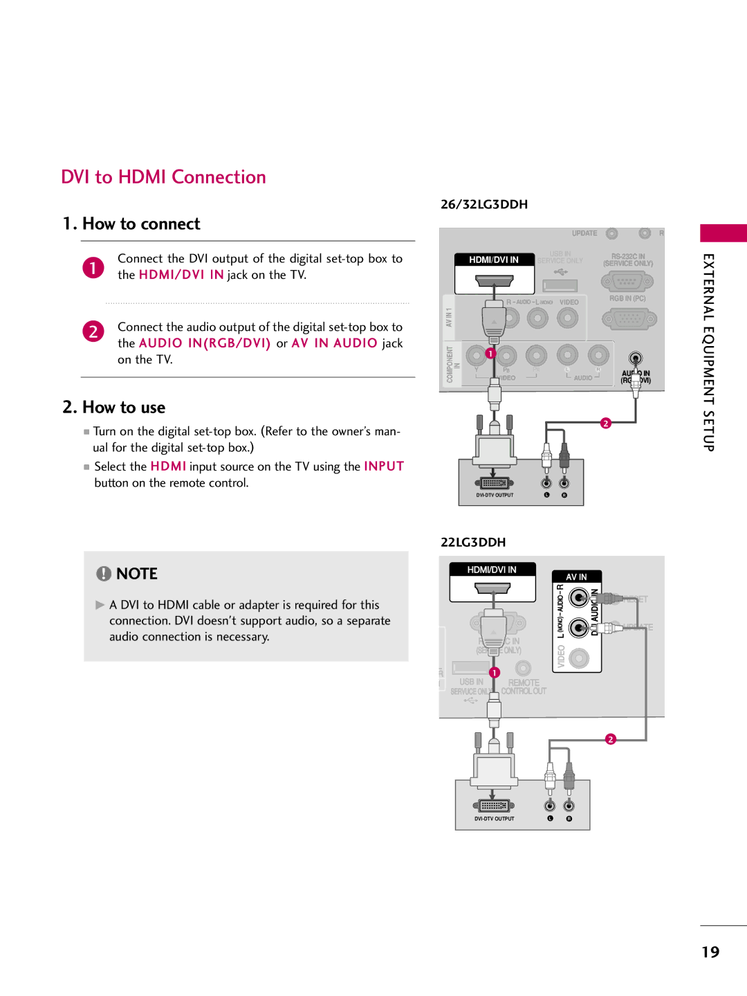 LG Electronics 22LG3DDH owner manual DVI to Hdmi Connection, 26/32LG3DDH 