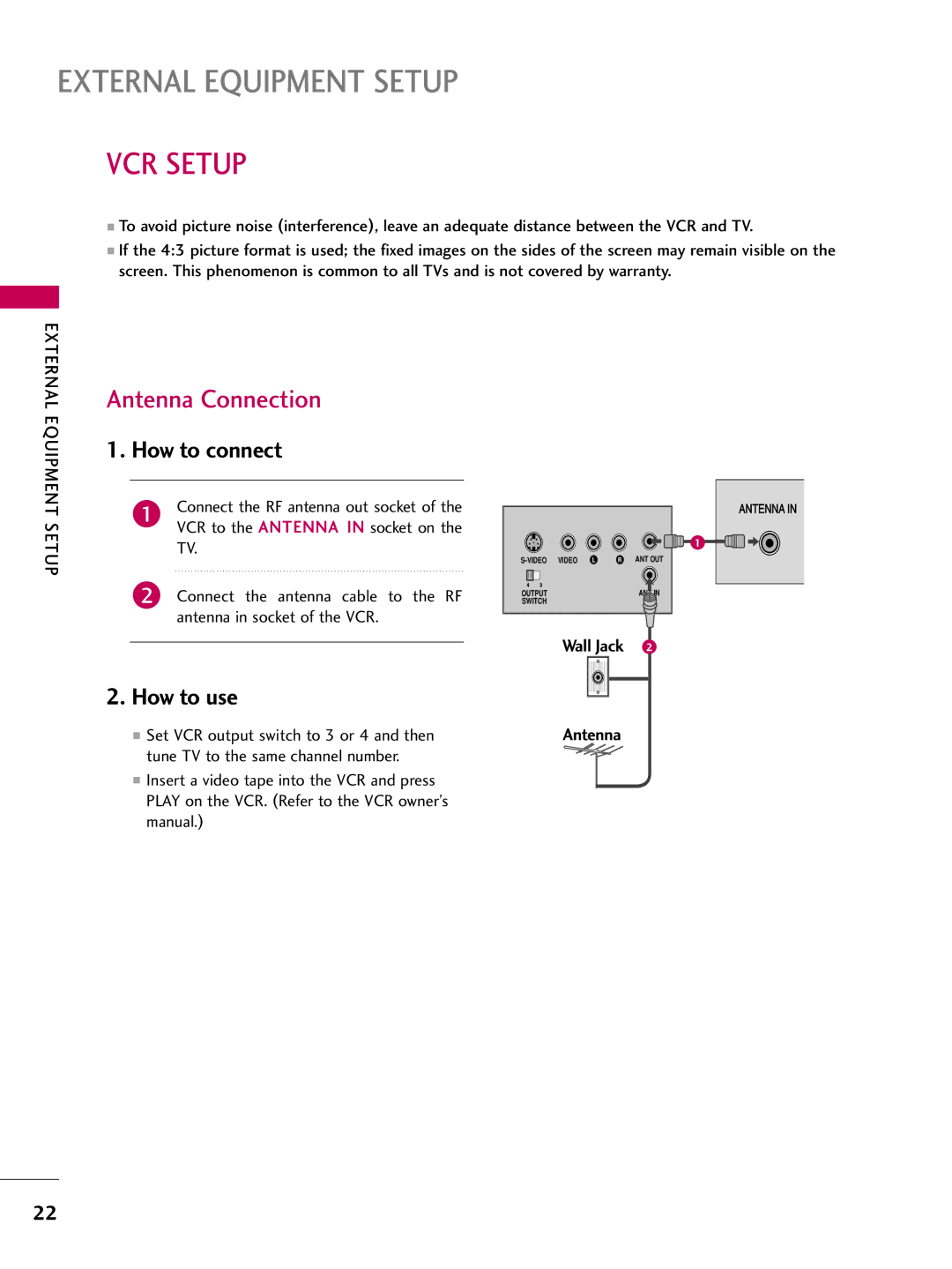 LG Electronics 22LG3DDH owner manual VCR Setup, Antenna Connection, Set VCR output switch to 3 or 4 and then 