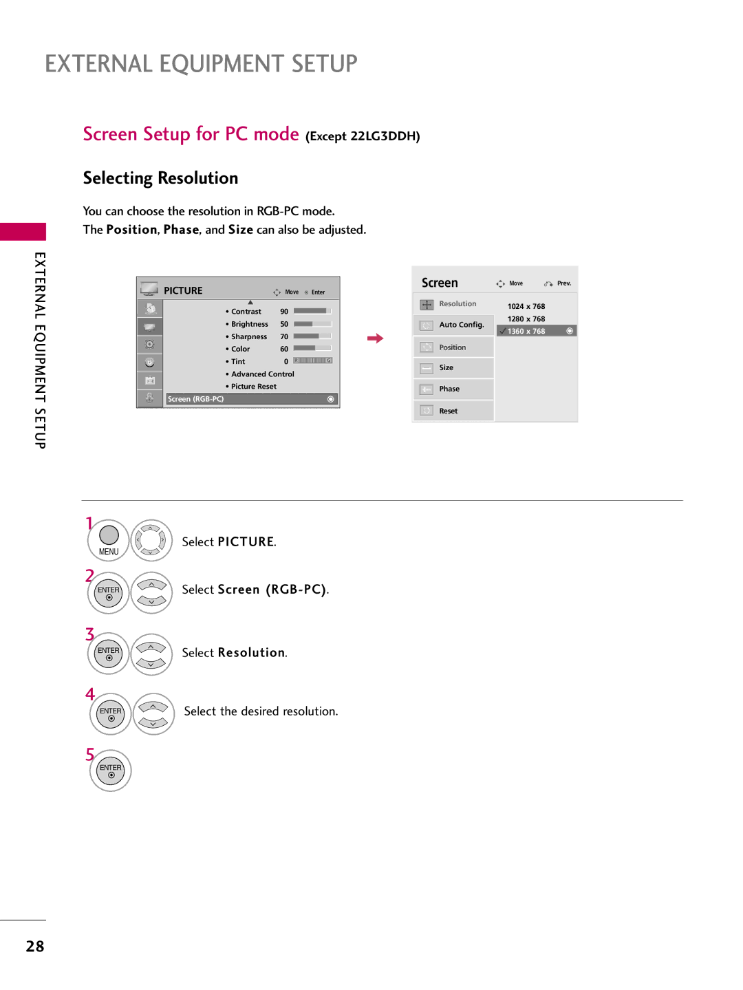 LG Electronics owner manual Screen Setup for PC mode Except 22LG3DDH, Selecting Resolution, Select Picture 