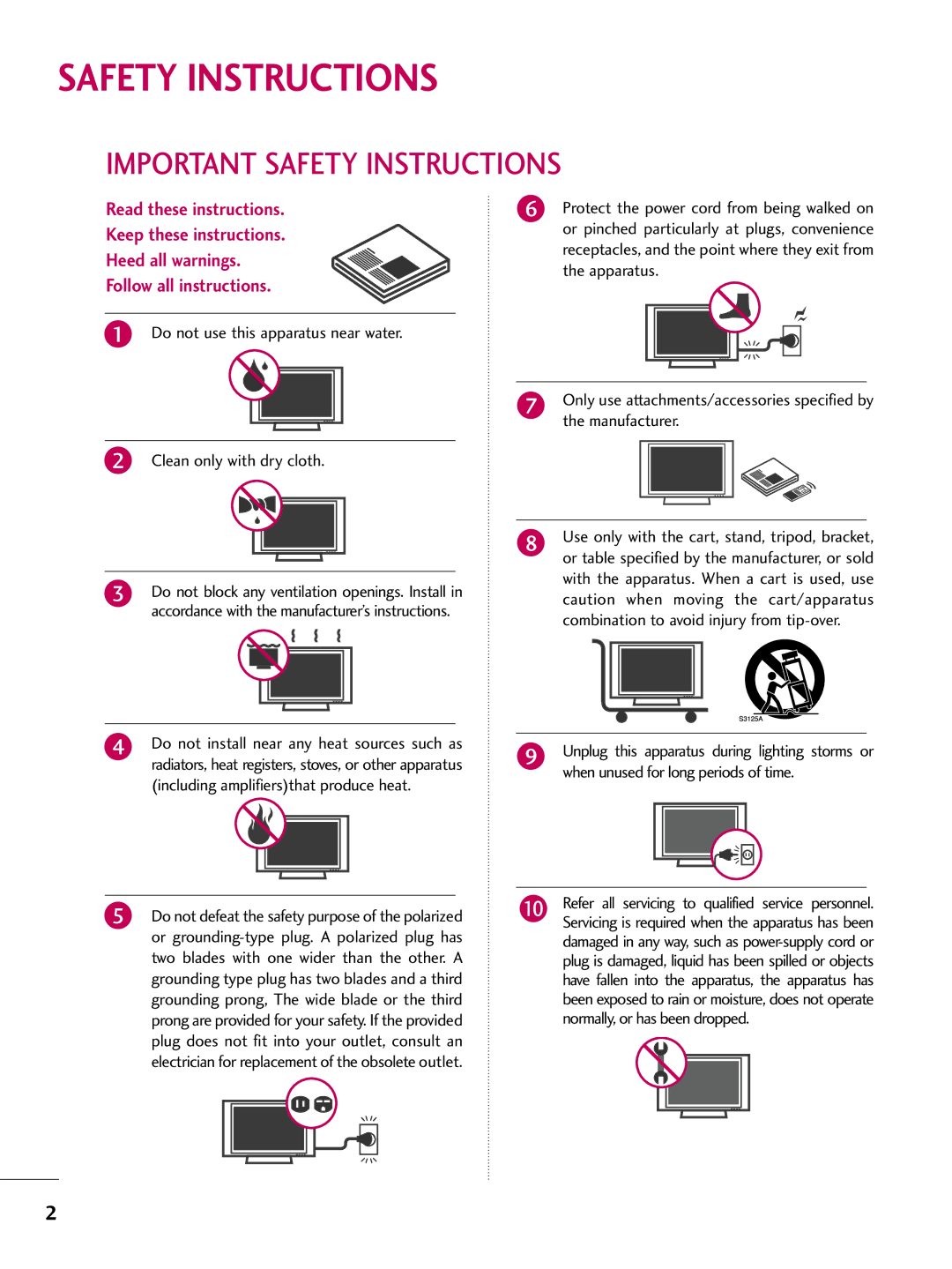 LG Electronics 22LG3DDH owner manual Important Safety Instructions 