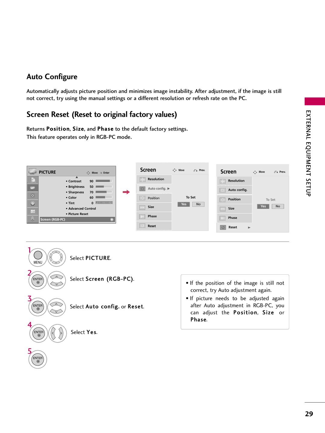 LG Electronics 22LG3DDH owner manual Auto Configure, Screen Reset Reset to original factory values 