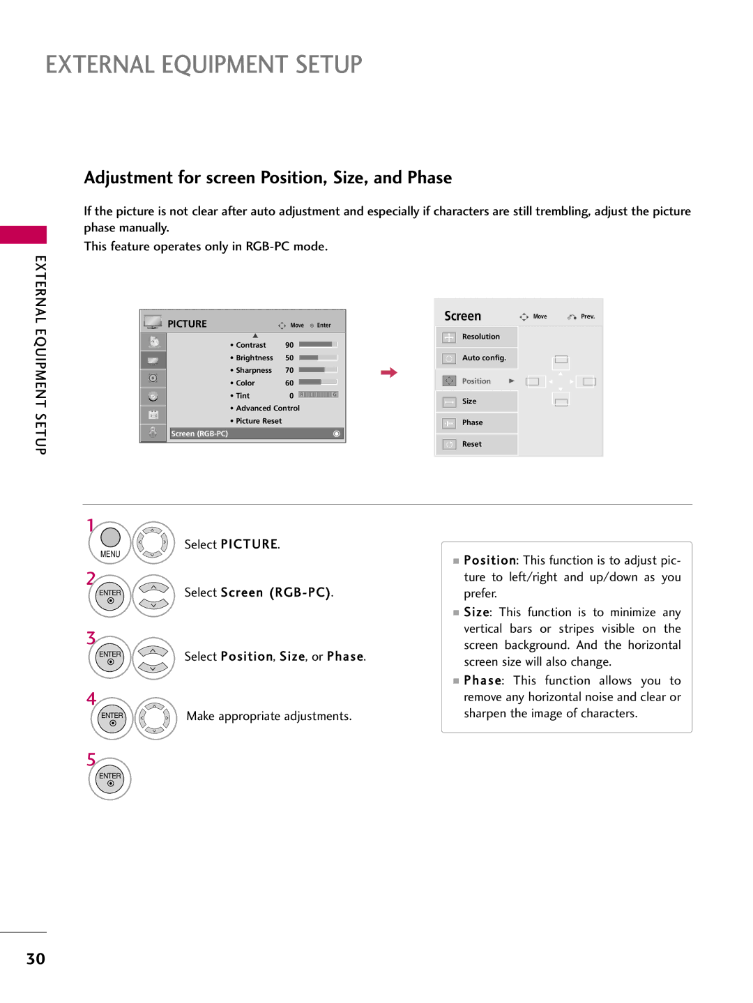 LG Electronics 22LG3DDH owner manual Adjustment for screen Position, Size, and Phase 