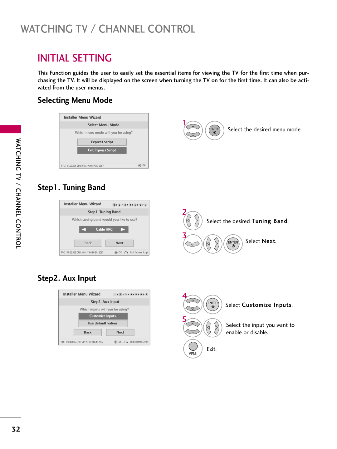 LG Electronics 22LG3DDH owner manual Initial Setting, Selecting Menu Mode, Tuning Band, Aux Input, TV / Channel Control 