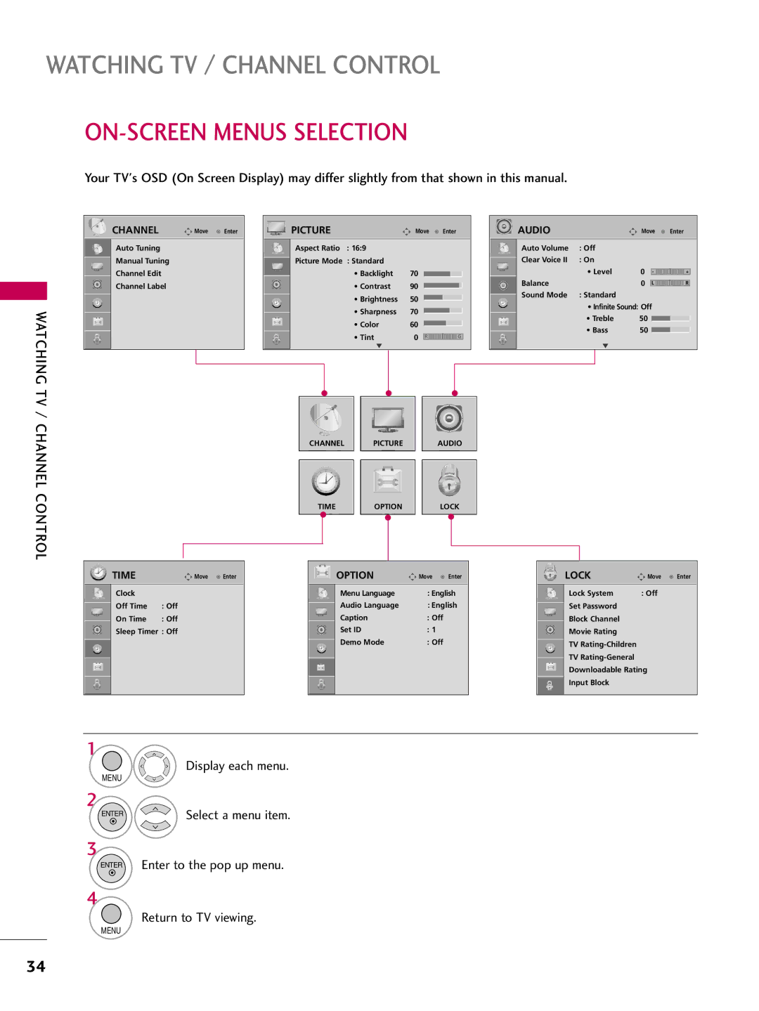 LG Electronics 22LG3DDH owner manual ON-SCREEN Menus Selection, Audio 