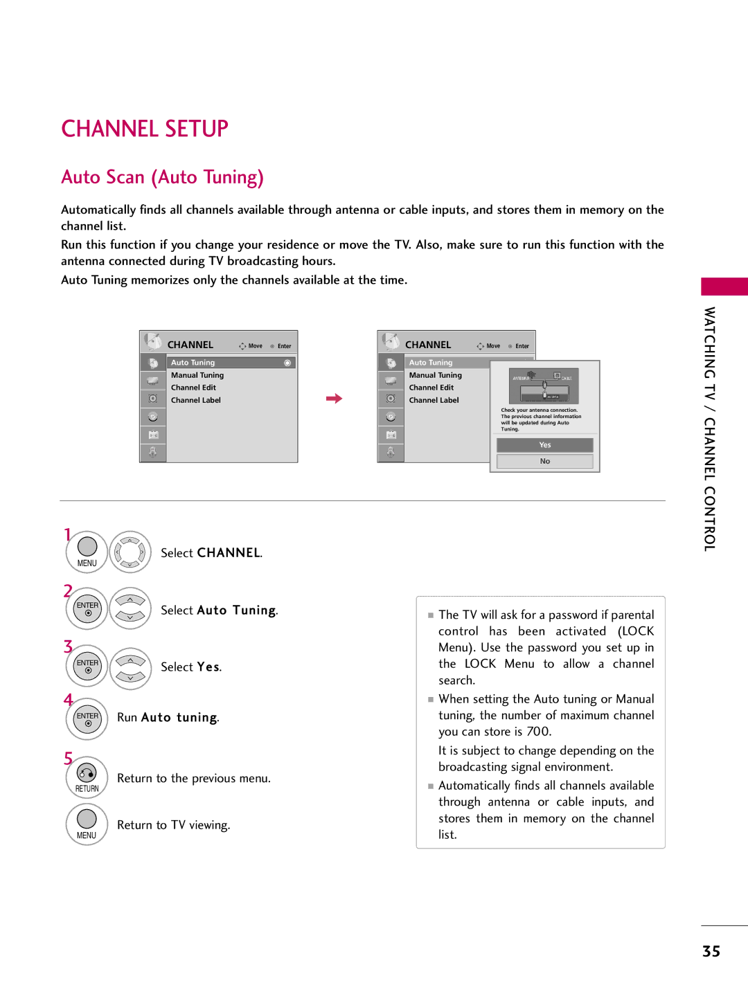 LG Electronics 22LG3DDH owner manual Channel Setup, Auto Scan Auto Tuning 