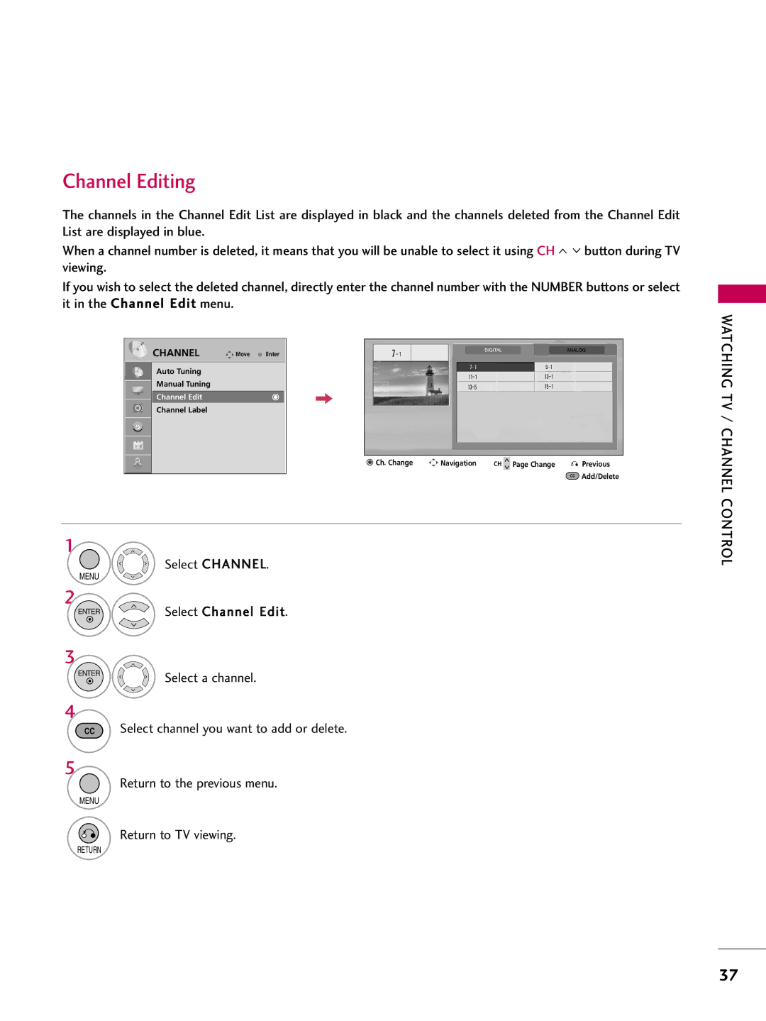 LG Electronics 22LG3DDH owner manual Channel Editing, Select Channel Edit 