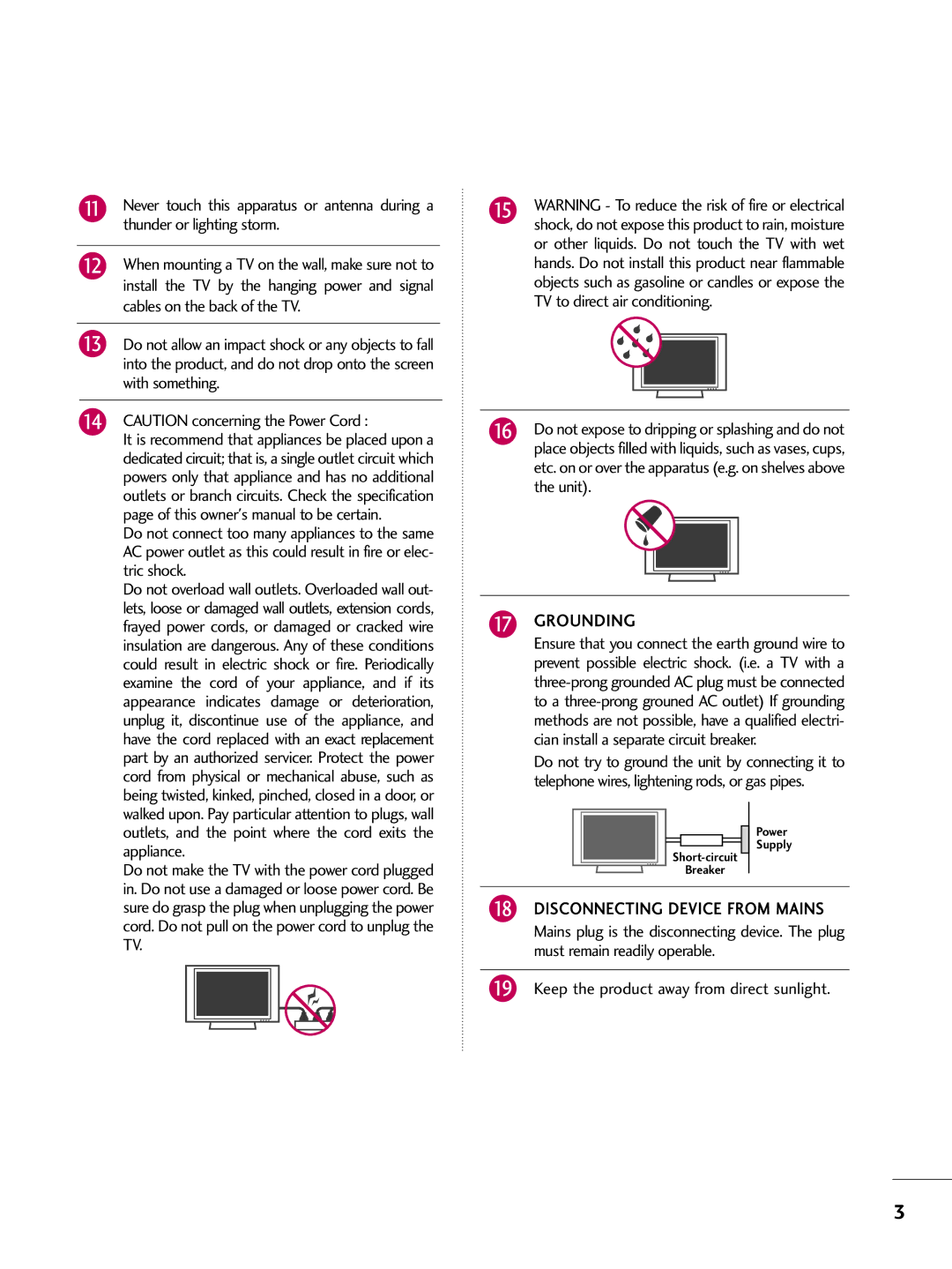 LG Electronics 22LG3DDH owner manual Thunder or lighting storm, Cables on the back of the TV, Grounding 