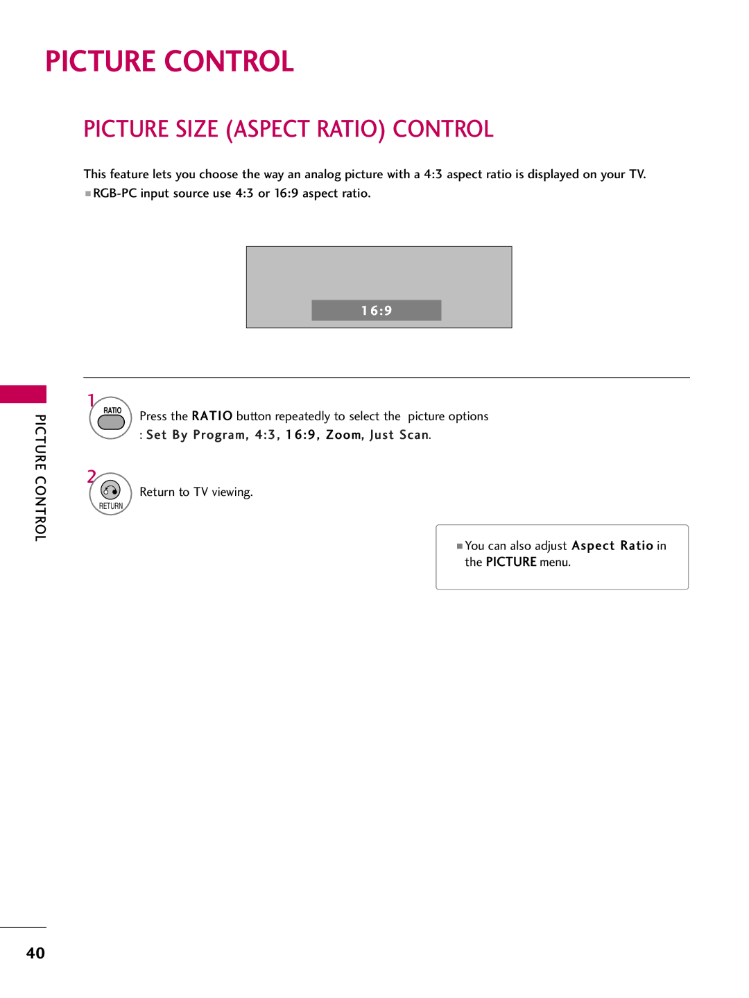 LG Electronics 22LG3DDH owner manual Picture Control, Picture Size Aspect Ratio Control 