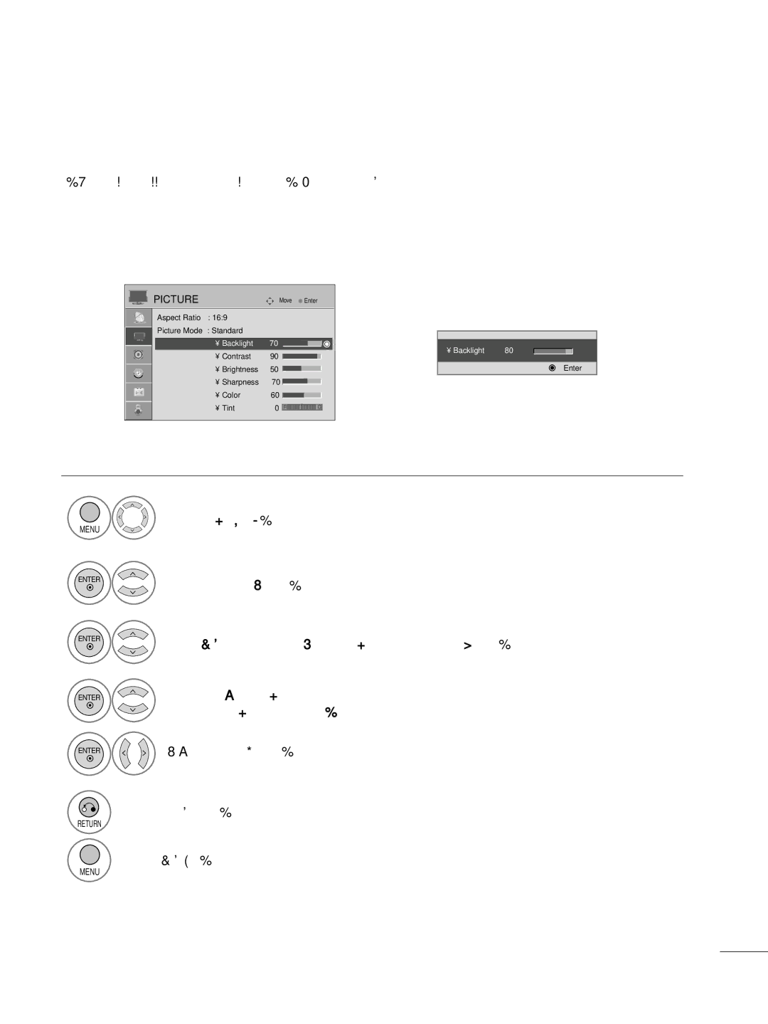 LG Electronics 22LG3DDH owner manual Manual Picture Adjustment User Mode, Select Backlight, Contrast, Brightness 