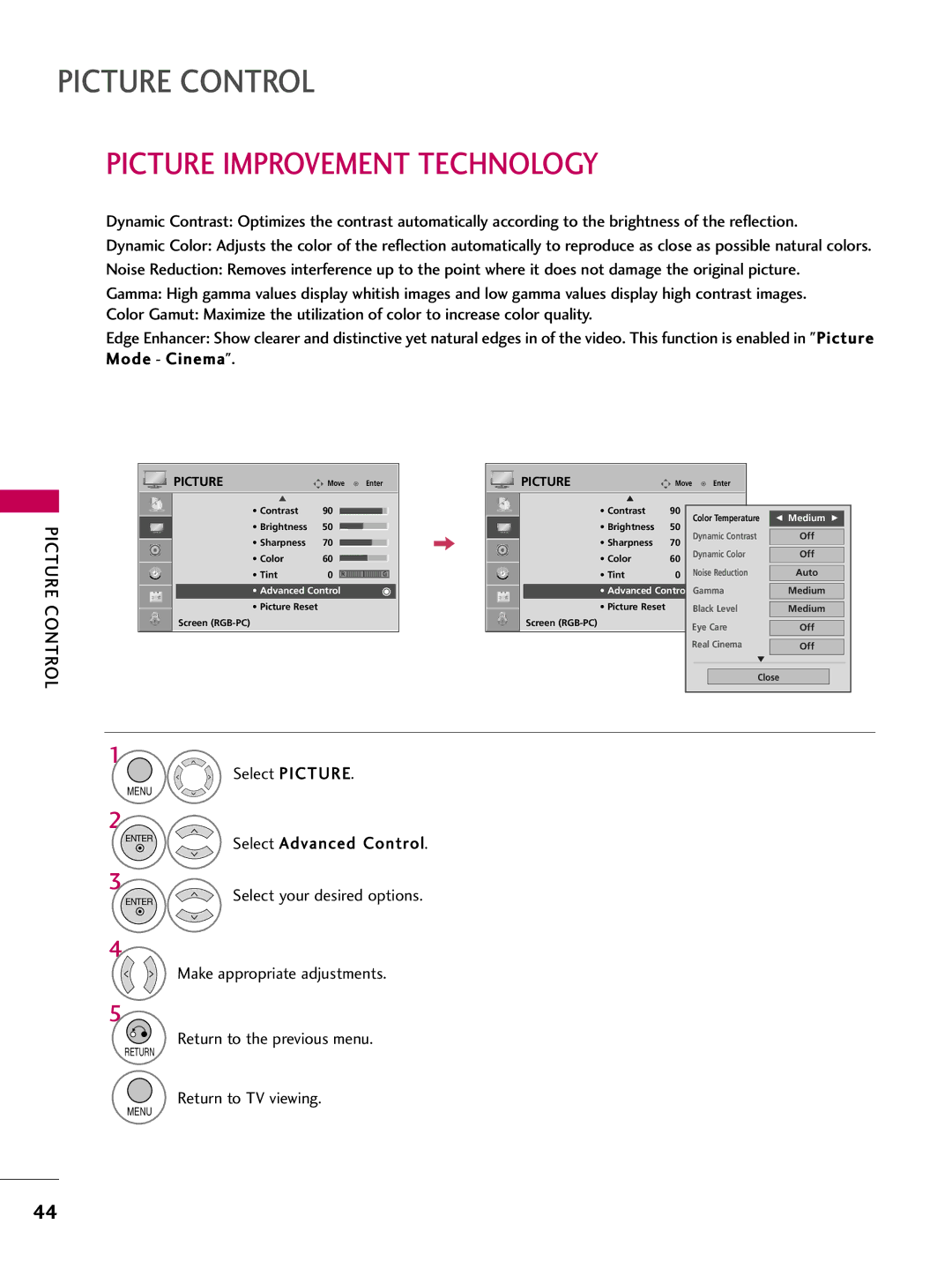 LG Electronics 22LG3DDH owner manual Picture Improvement Technology, Select Advanced Control 