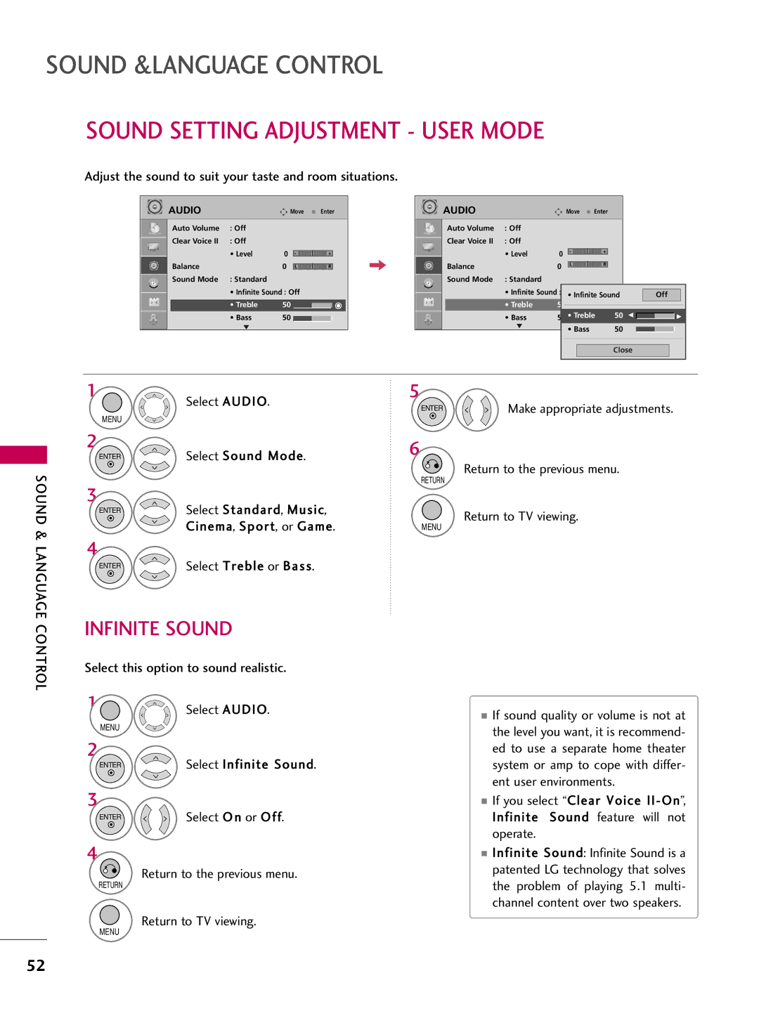 LG Electronics 22LG3DDH owner manual Sound Setting Adjustment User Mode 