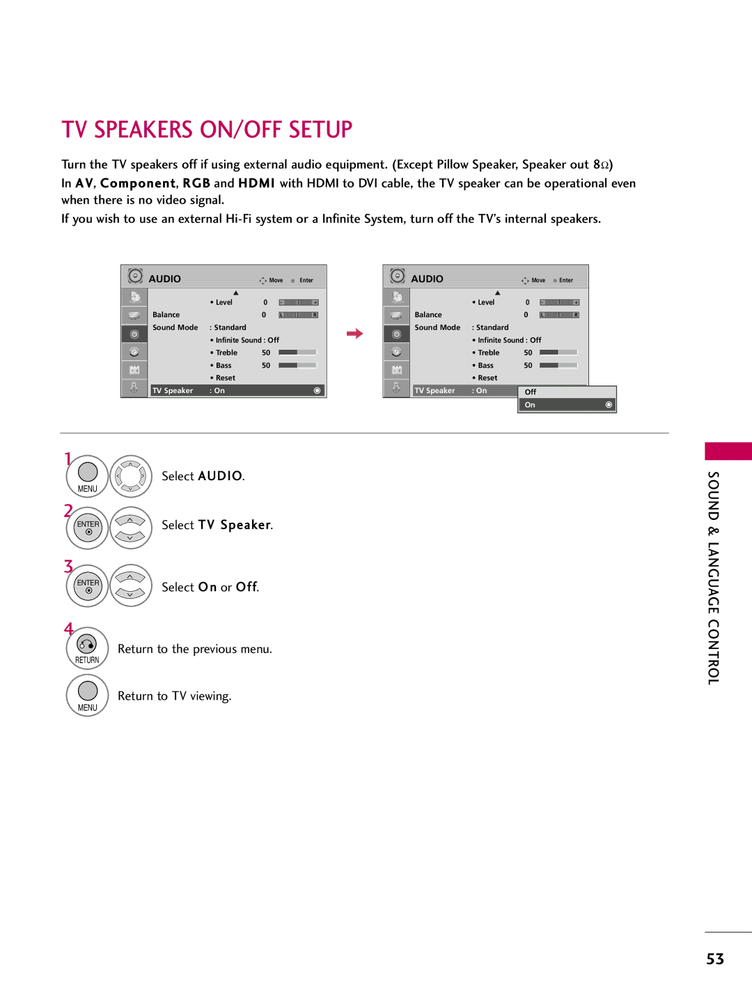 LG Electronics 22LG3DDH owner manual TV Speakers ON/OFF Setup, Select TV 