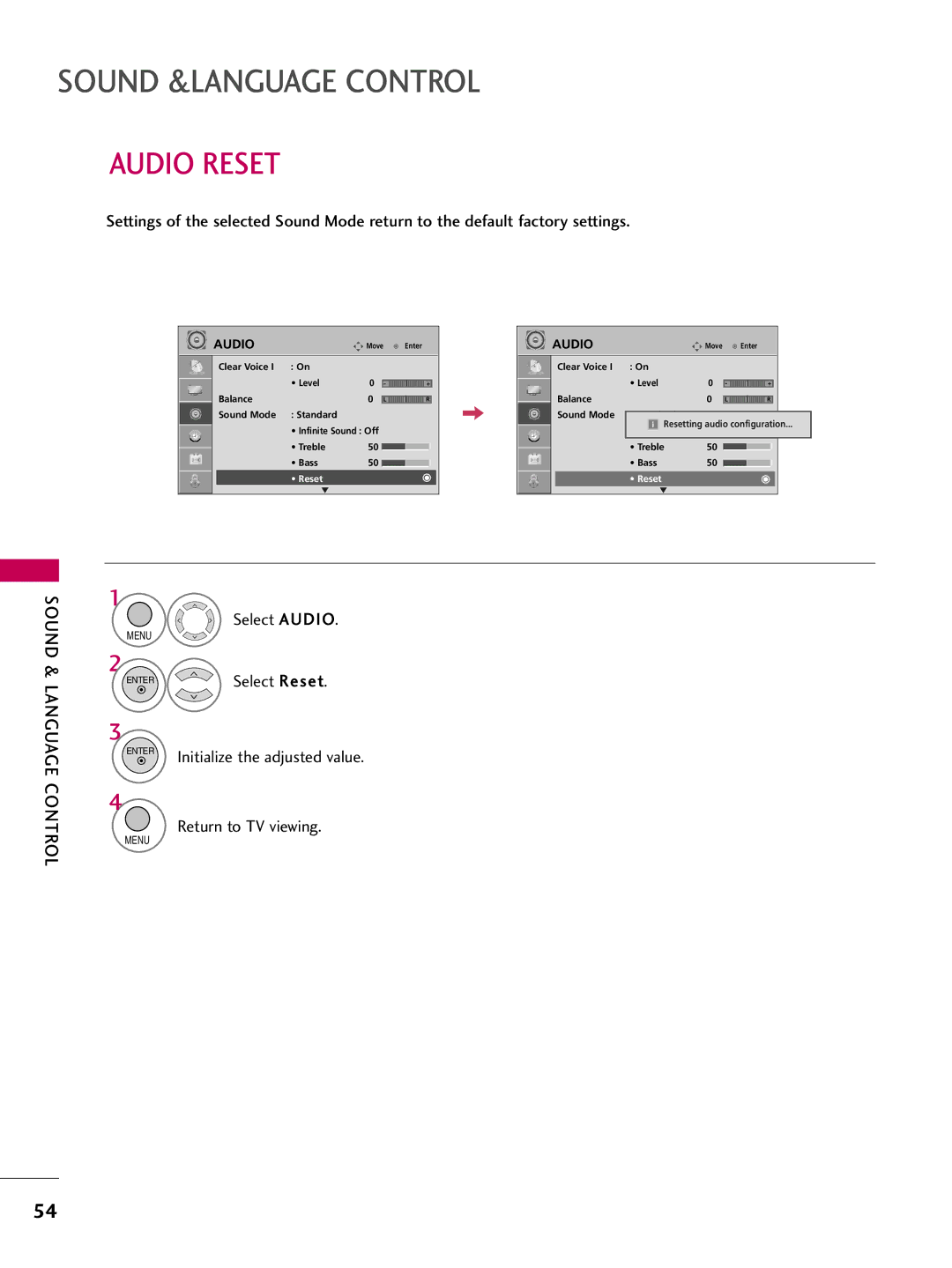 LG Electronics 22LG3DDH owner manual Audio Reset 