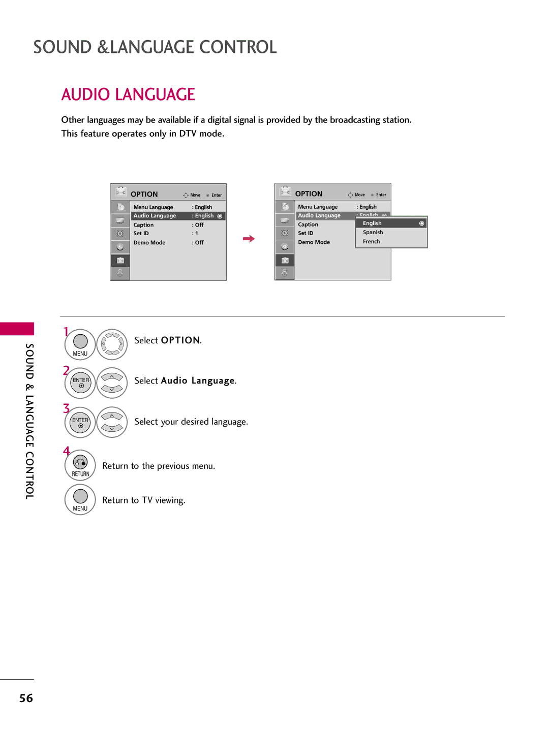 LG Electronics 22LG3DDH owner manual Audio Language 