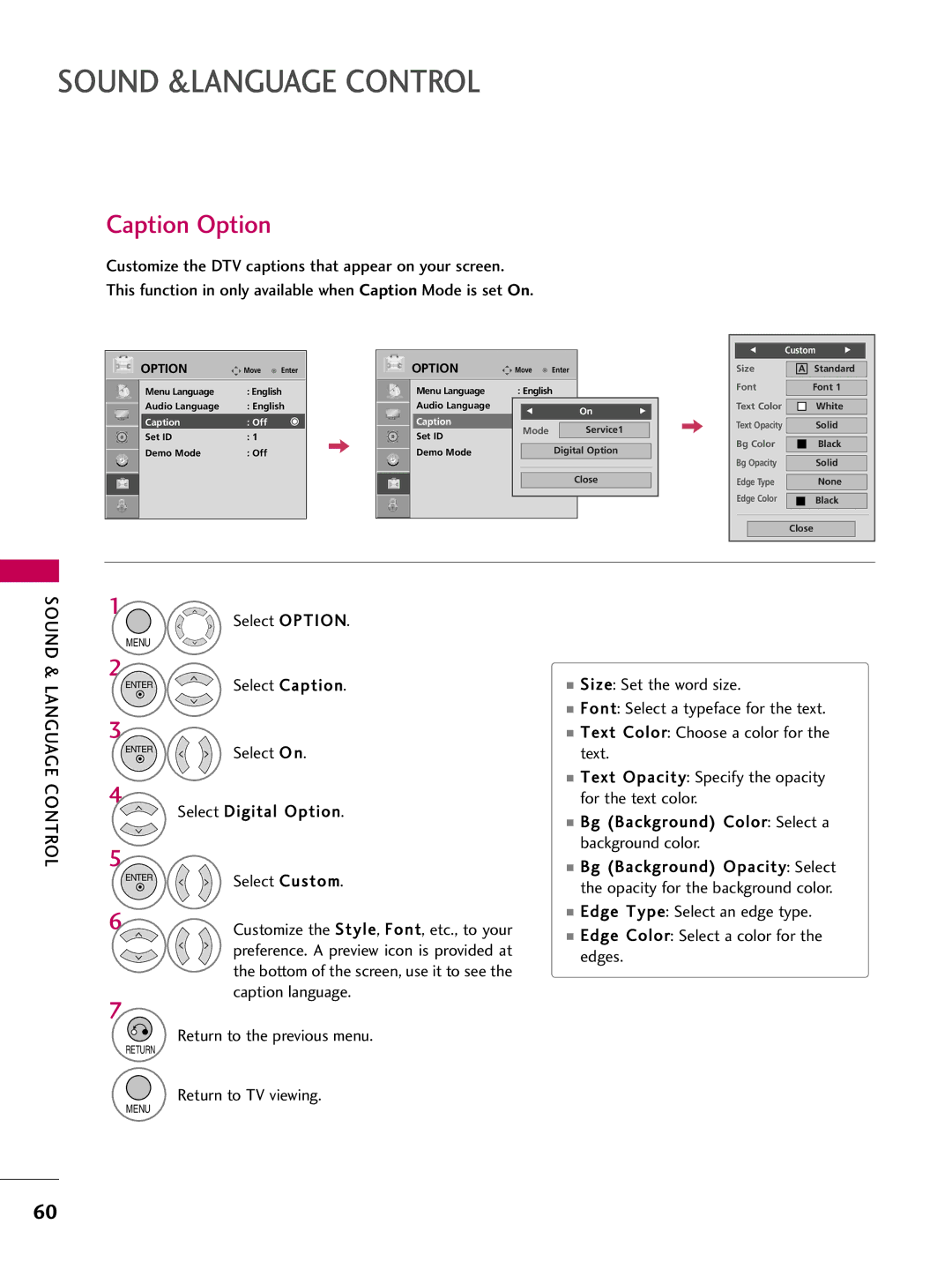 LG Electronics 22LG3DDH owner manual Caption Option, Custom 