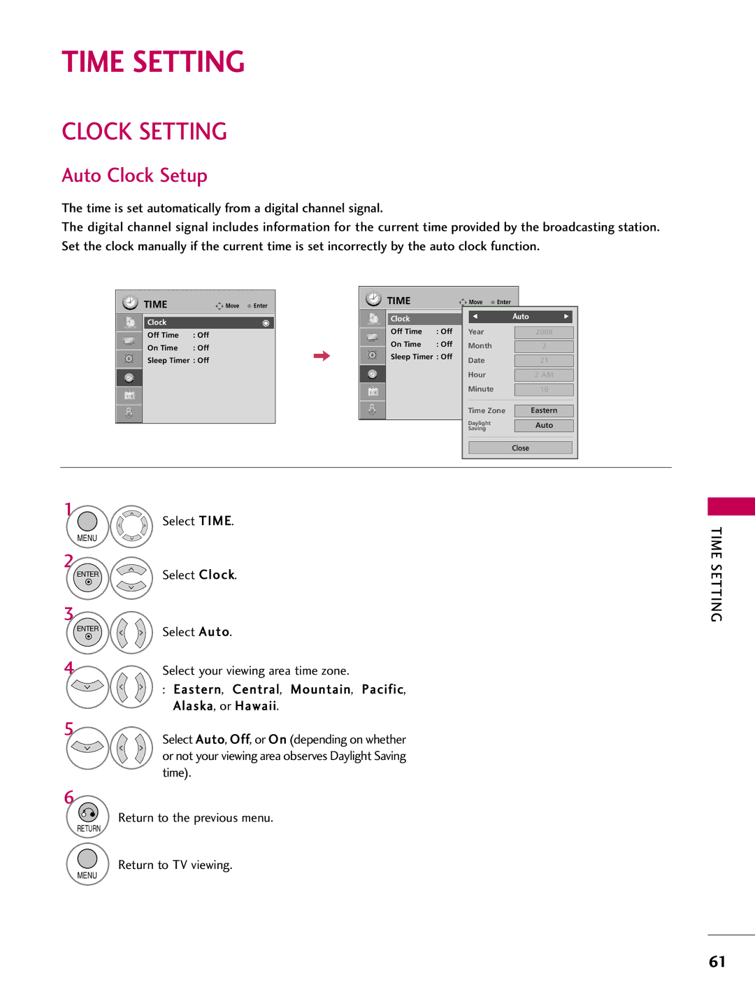 LG Electronics 22LG3DDH owner manual Time Setting, Clock Setting, Auto Clock Setup, Select Time 