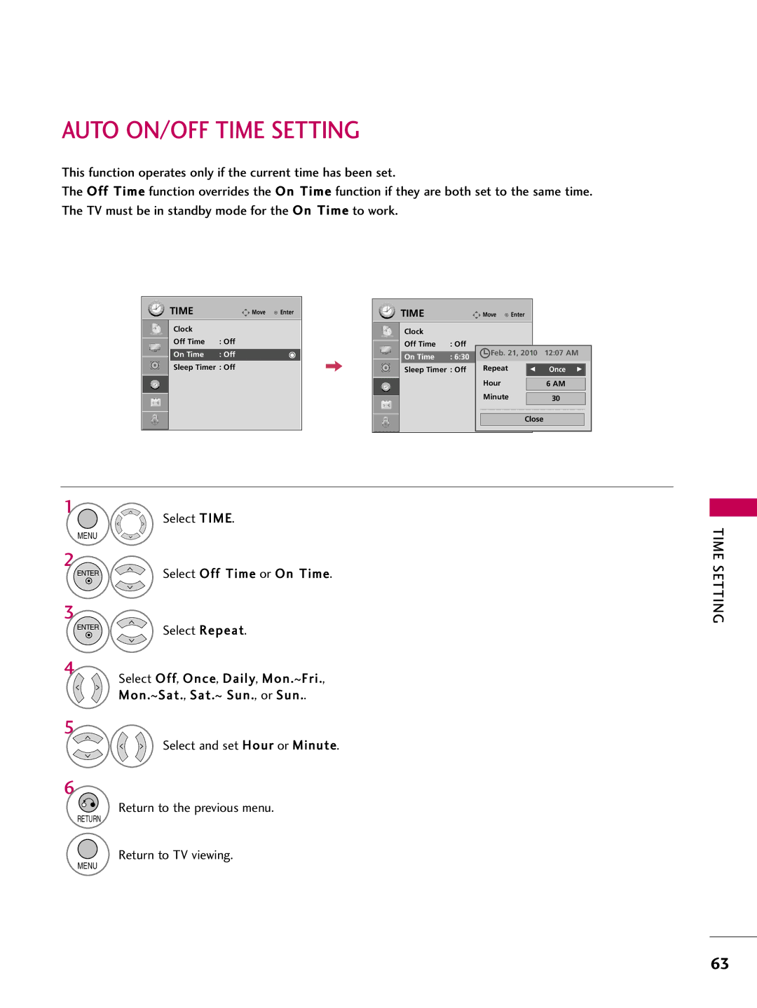 LG Electronics 22LG3DDH owner manual Auto ON/OFF Time Setting, Select Off Time or On 