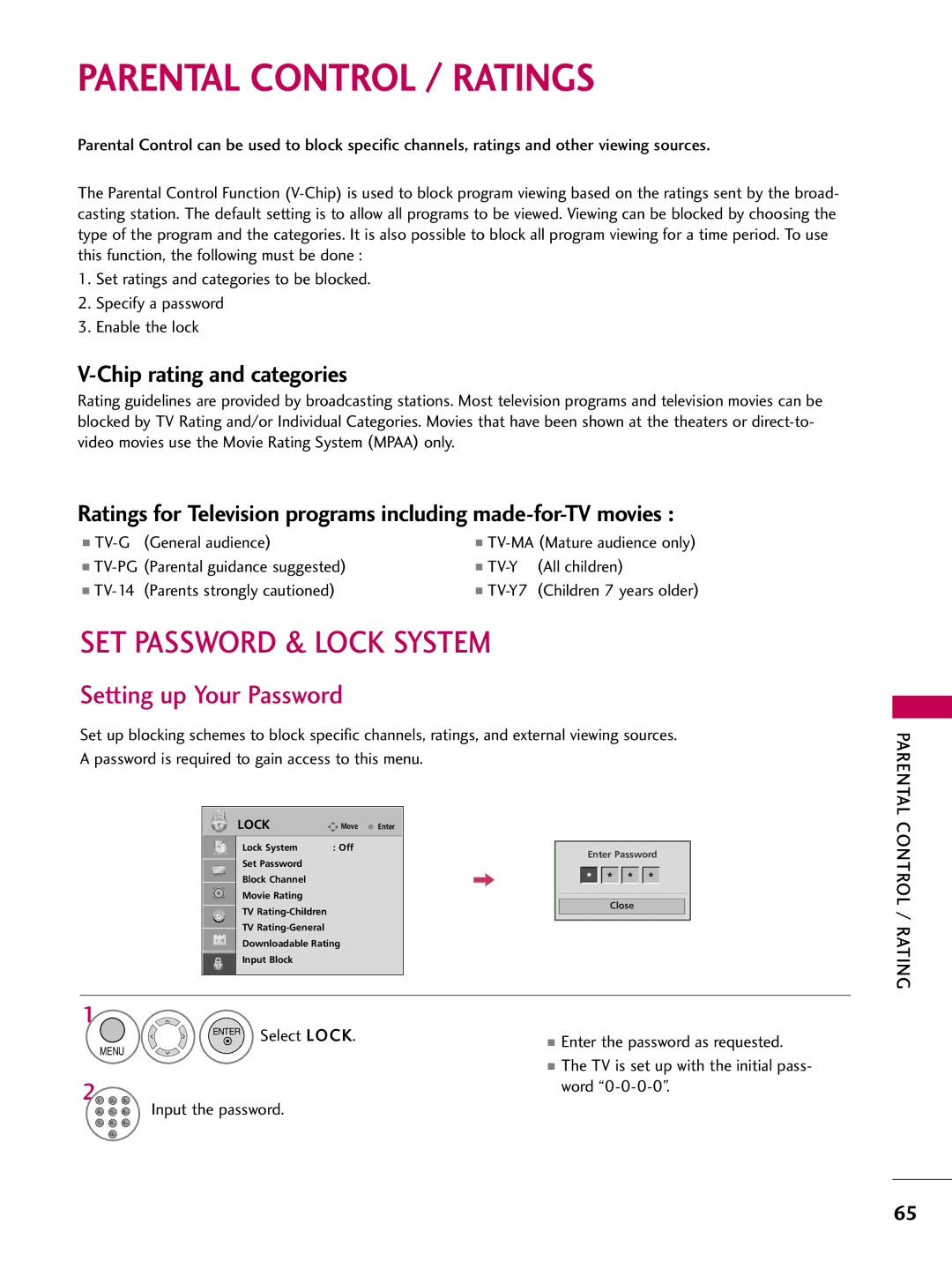 LG Electronics 22LG3DDH owner manual Parental Control / Ratings, SET Password & Lock System, Setting up Your Password 