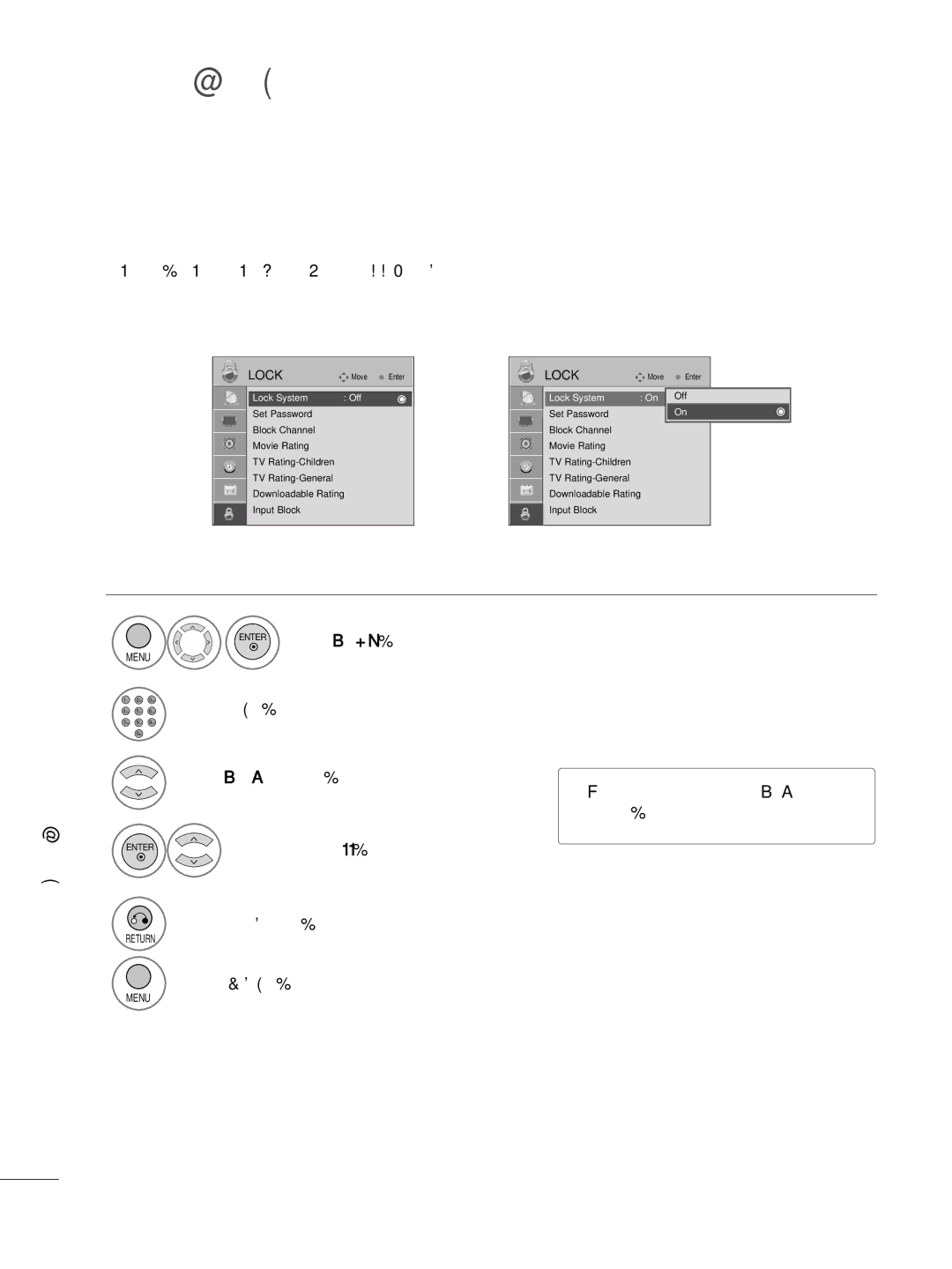 LG Electronics 22LG3DDH owner manual Lock System, Enter Select Lock, Control / Rating 