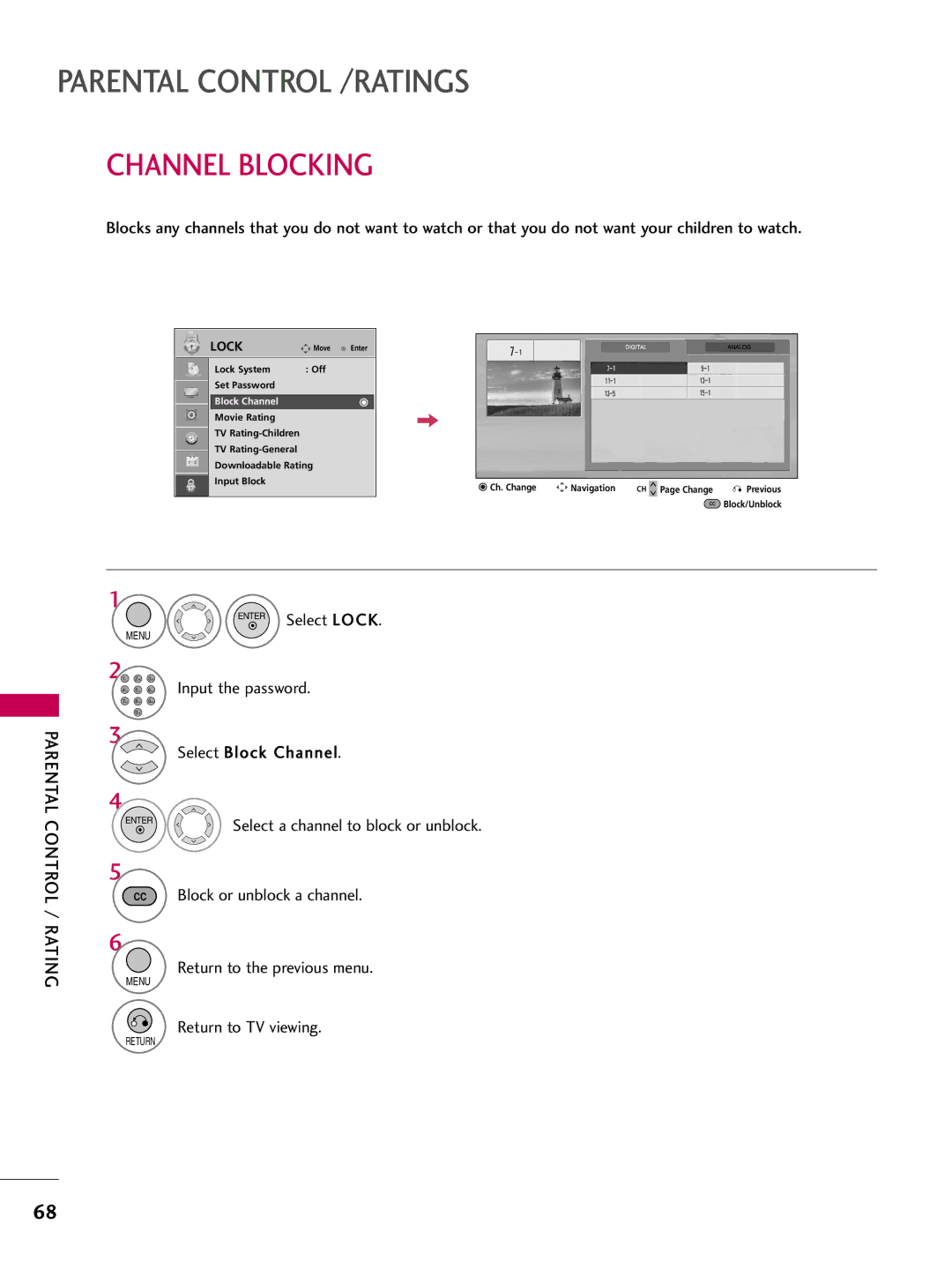 LG Electronics 22LG3DDH Channel Blocking, Select Block Channel, CC Block or unblock a channel Return to the previous menu 