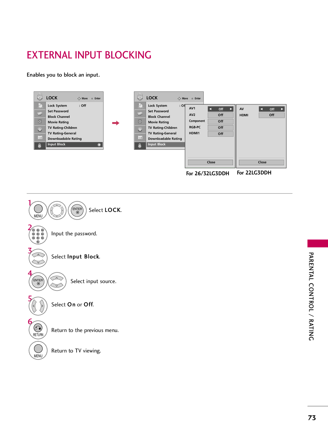 LG Electronics 22LG3DDH owner manual External Input Blocking, Enables you to block an input 