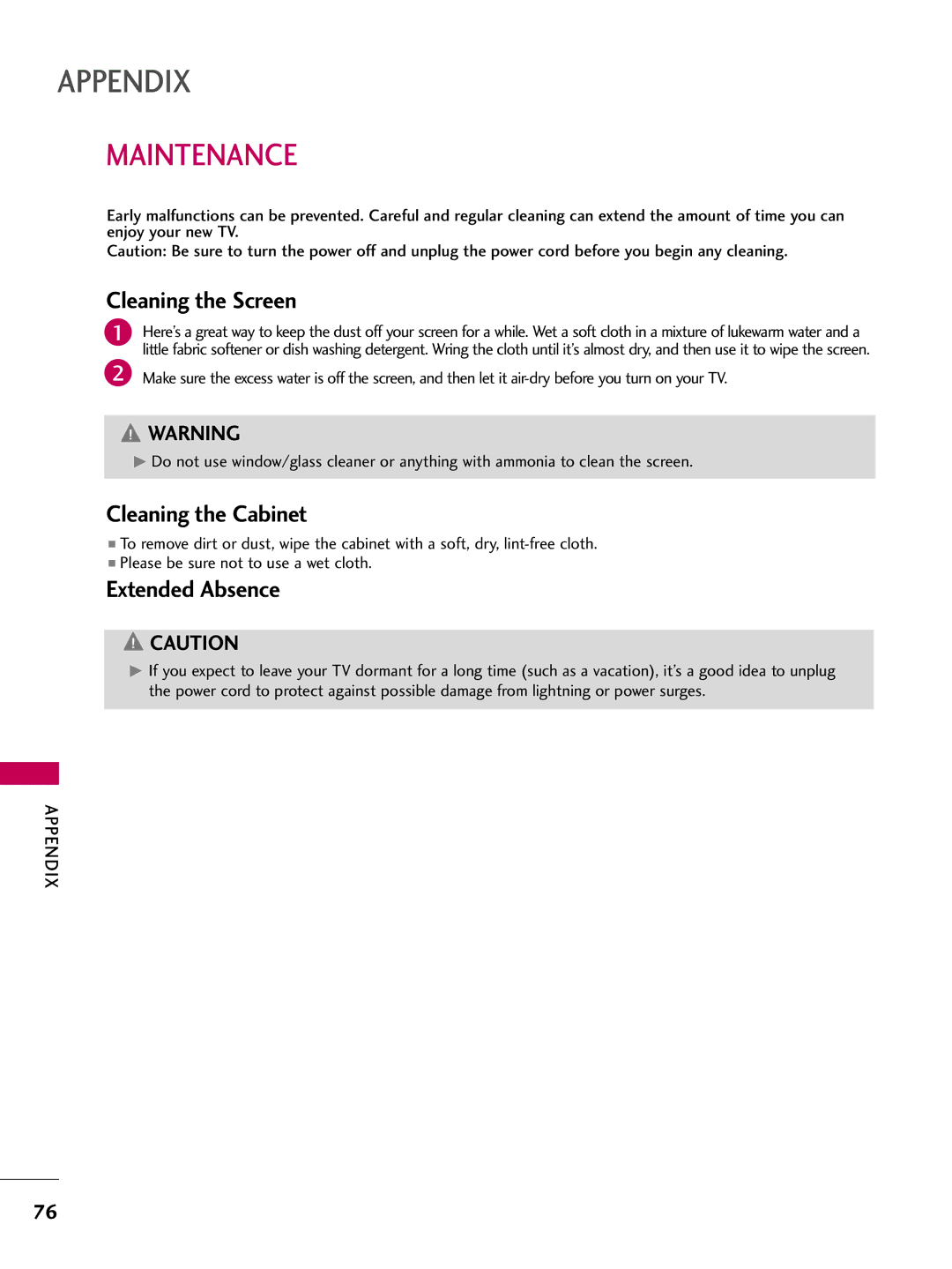 LG Electronics 22LG3DDH owner manual Maintenance, Cleaning the Screen, Cleaning the Cabinet, Extended Absence 