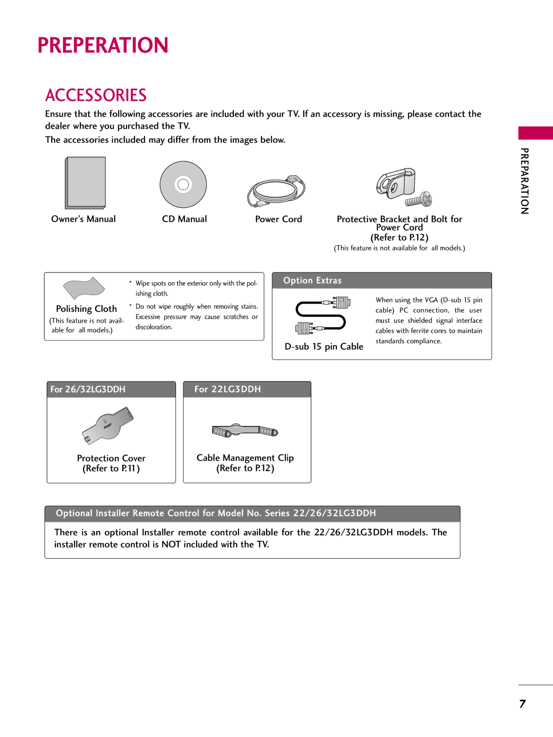 LG Electronics 22LG3DDH owner manual Preperation, Accessories, CD Manual Power Cord, Polishing Cloth, Sub 15 pin Cable 