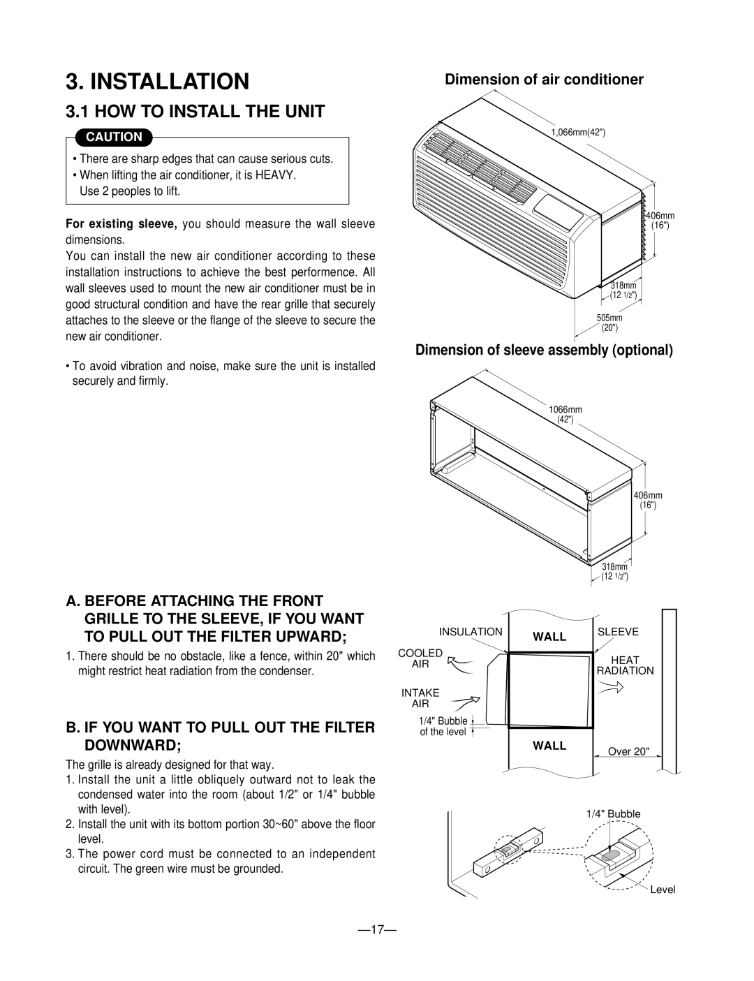 LG Electronics 230/208V HOW to Install the Unit, Dimension of air conditioner, Dimension of sleeve assembly optional, Wall 