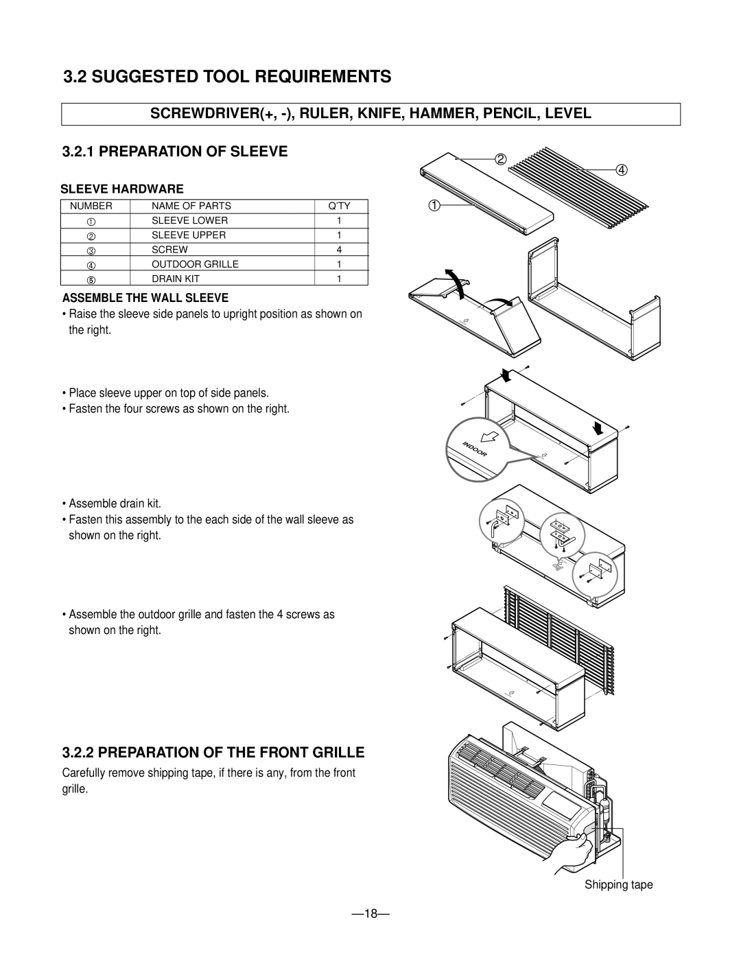 LG Electronics 230/208V service manual Suggested Tool Requirements, Preparation of the Front Grille, Sleeve Hardware 