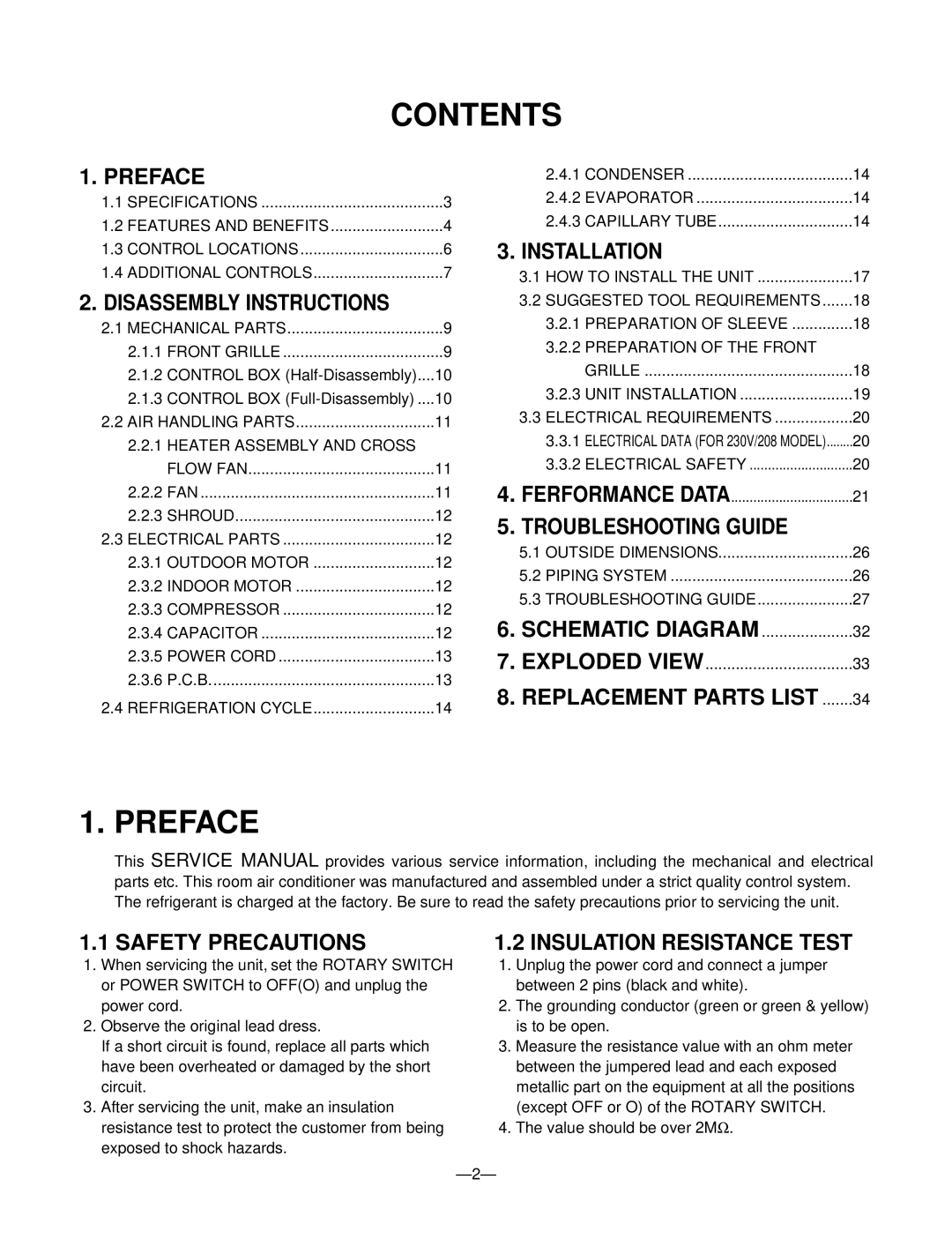 LG Electronics 230/208V service manual Contents, Preface 