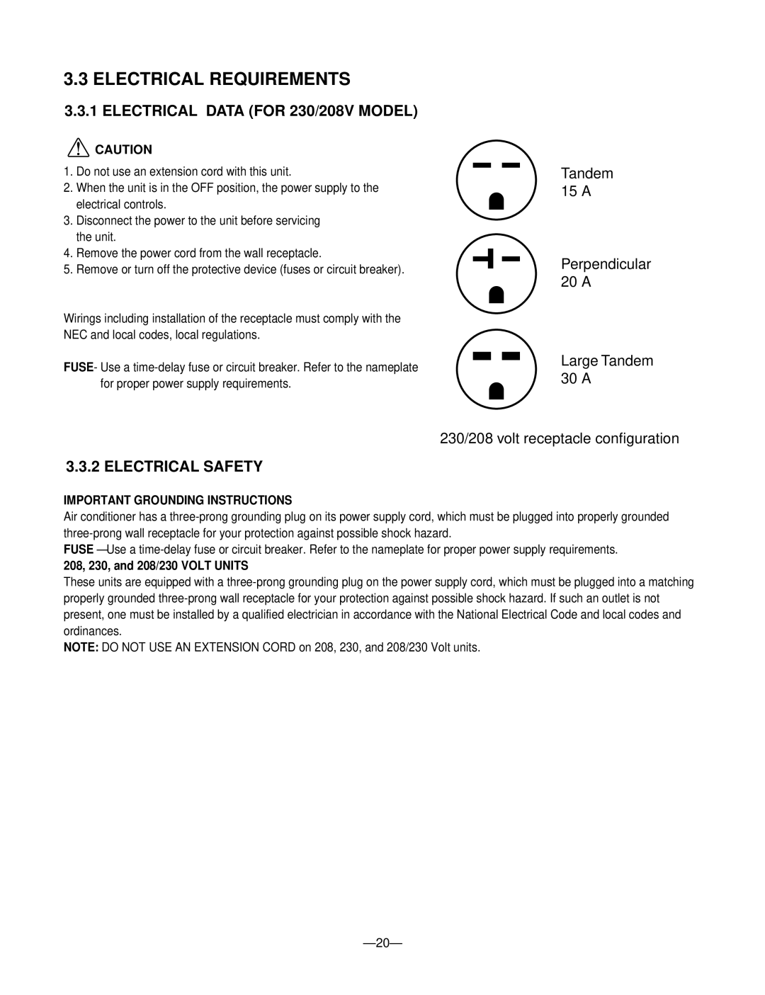 LG Electronics service manual Electrical Requirements, Electrical Data for 230/208V Model, Electrical Safety 