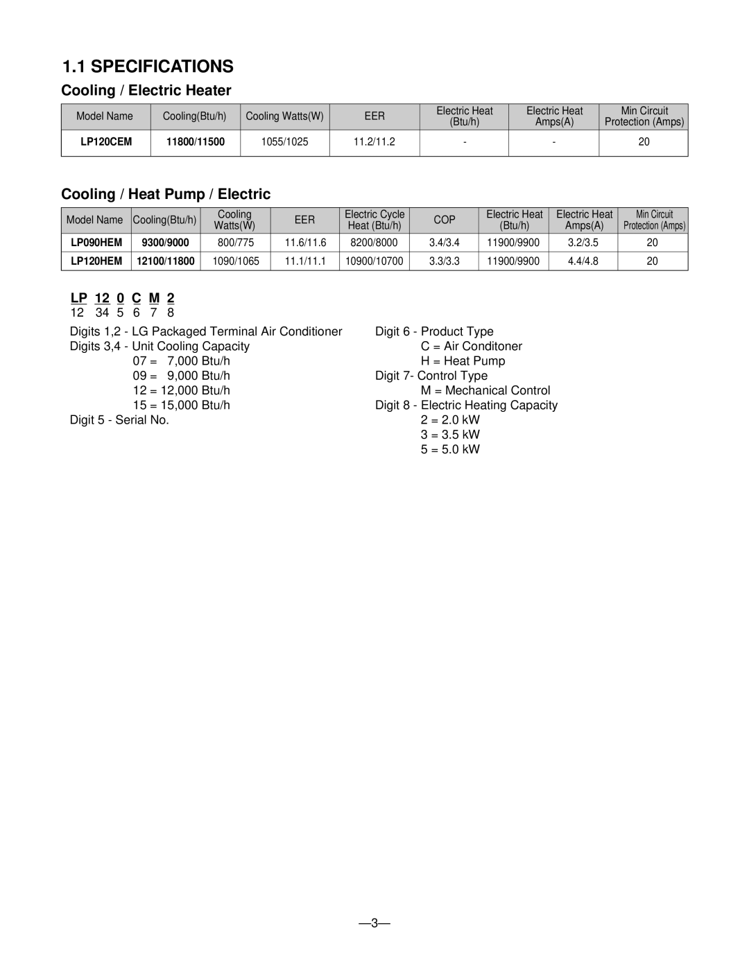 LG Electronics 230/208V service manual Specifications, Cooling / Electric Heater, Cooling / Heat Pump / Electric 