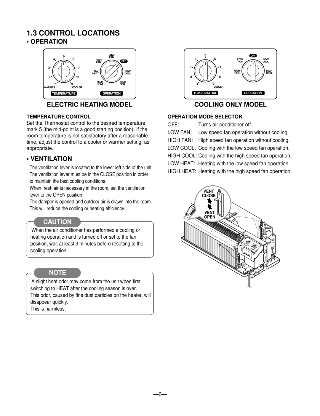 LG Electronics 230/208V service manual Control Locations, Operation Electric Heating Model, Ventilation, Cooling only Model 