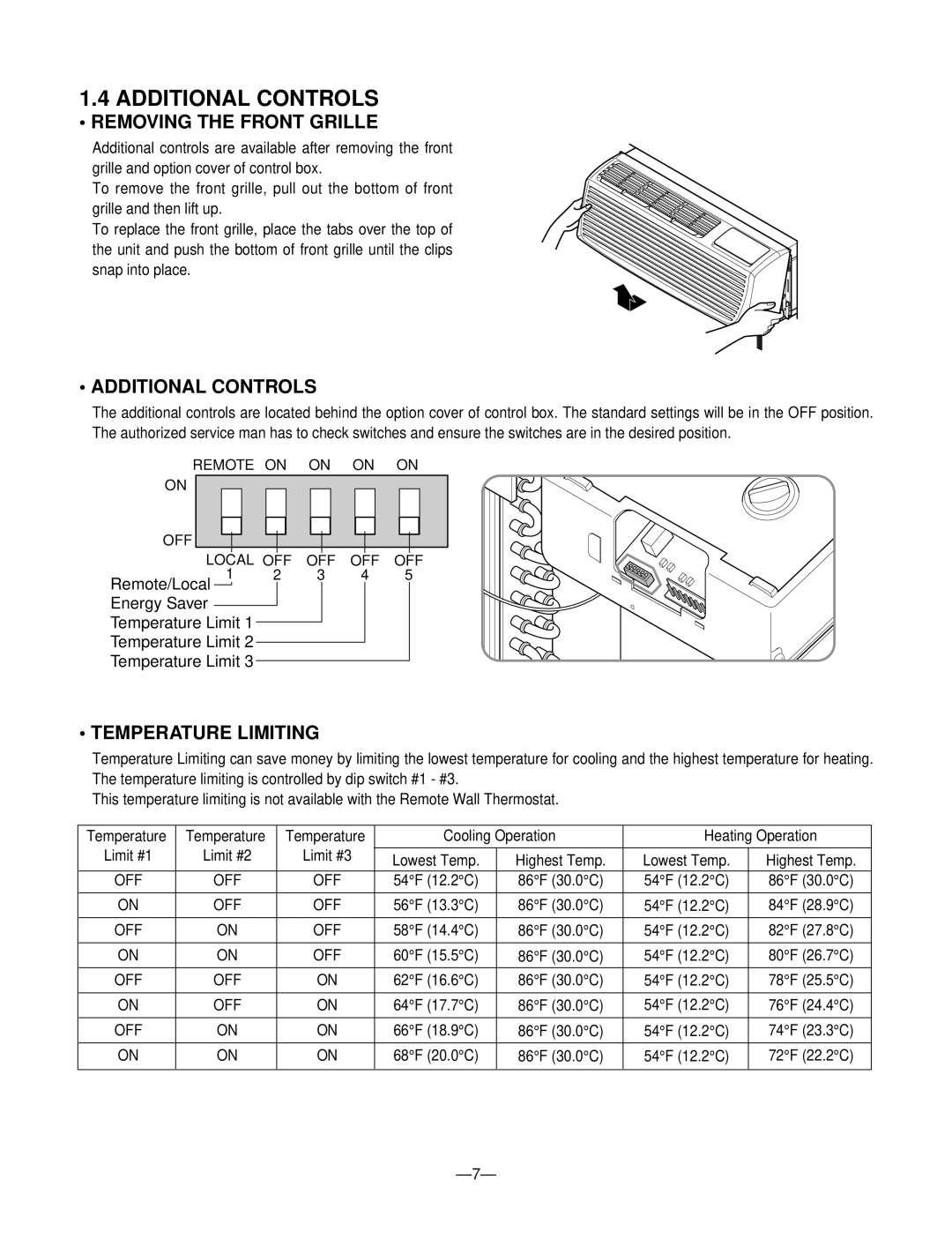 LG Electronics 230/208V service manual Additional Controls, Removing the Front Grille, Temperature Limiting 