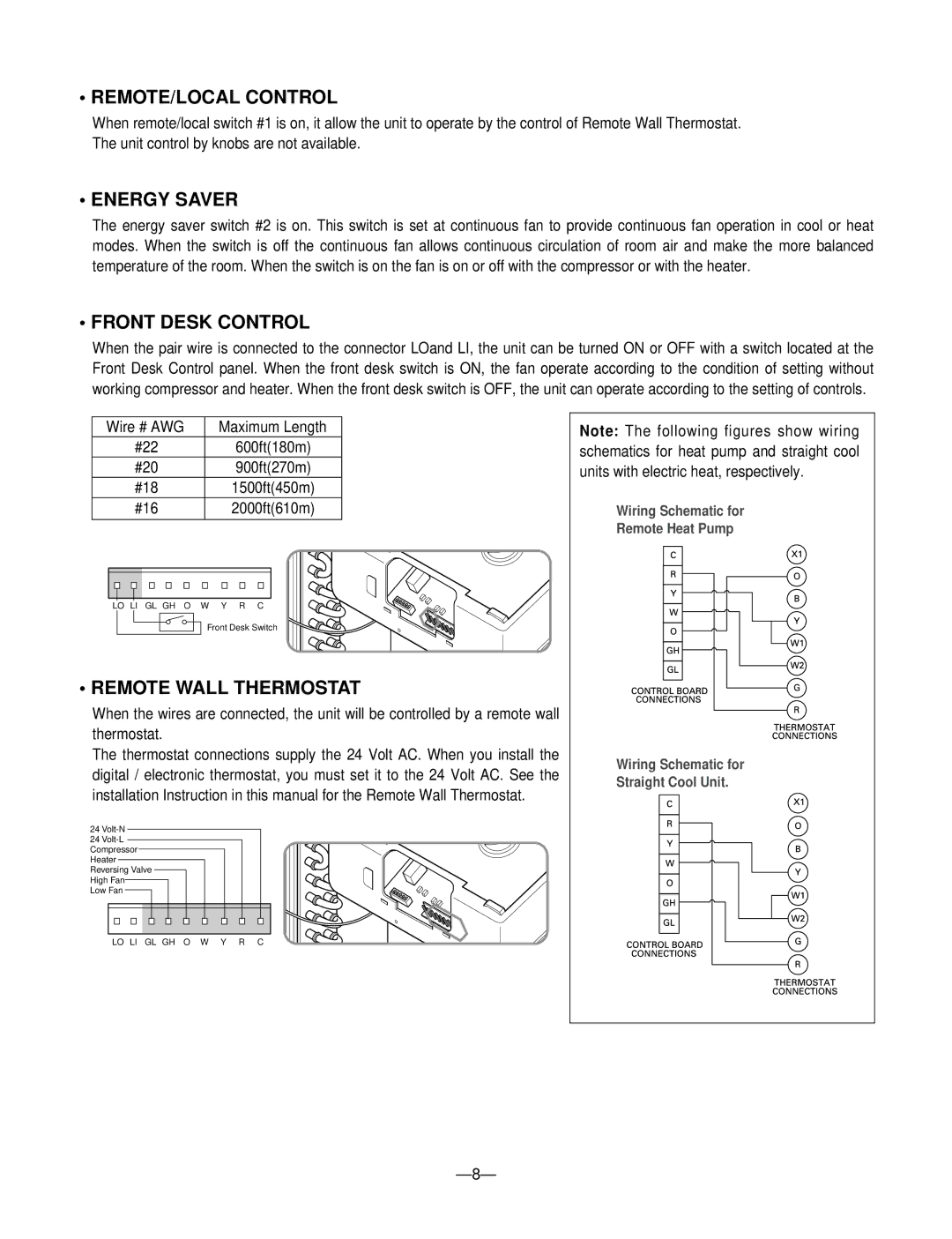 LG Electronics 230/208V service manual REMOTE/LOCAL Control, Energy Saver, Front Desk Control, Remote Wall Thermostat 