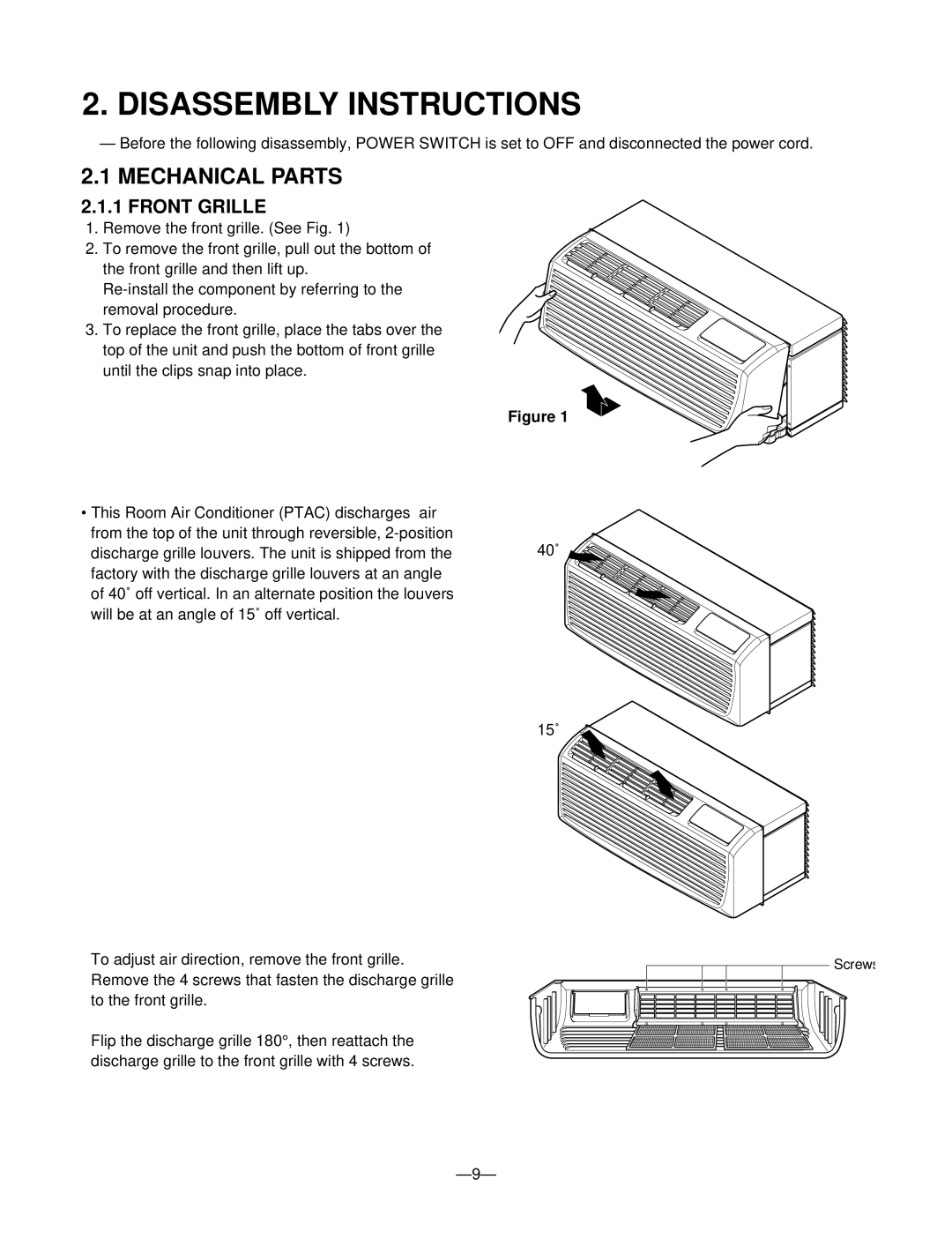 LG Electronics 230/208V service manual Disassembly Instructions, Mechanical Parts, Front Grille 