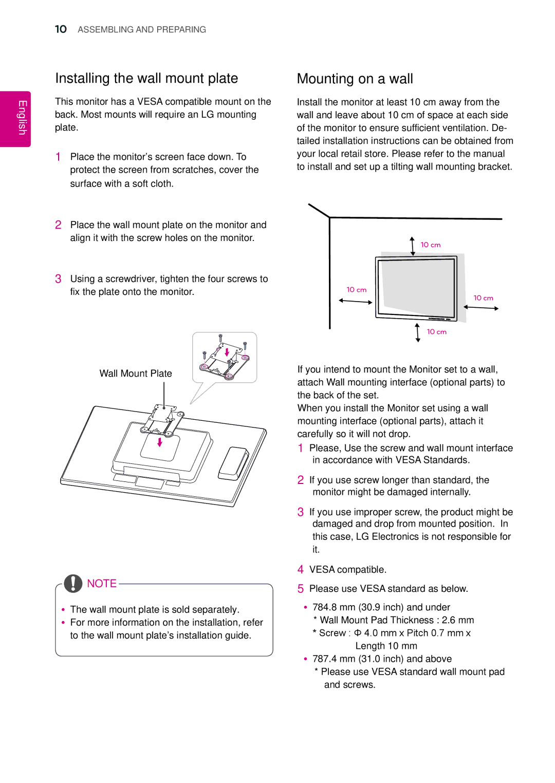 LG Electronics 23CAV42K owner manual Installing the wall mount plate, Mounting on a wall, Wall Mount Plate 