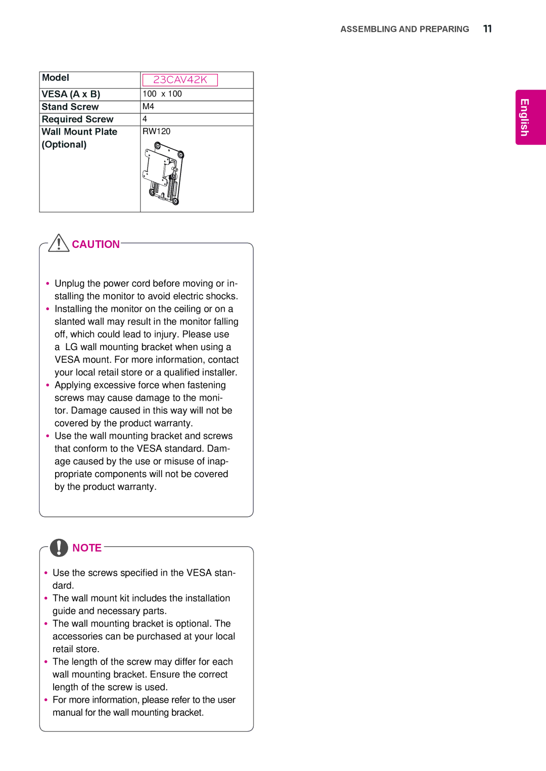 LG Electronics 23CAV42K owner manual Model, Vesa a x B, Stand Screw Required Screw Wall Mount Plate, Optional 