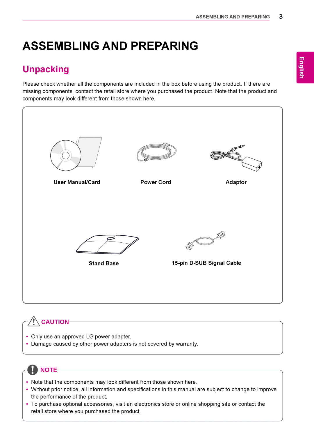 LG Electronics 23CAV42K Assembling and Preparing, Unpacking, Power Cord Adaptor Stand Base Pin D-SUB Signal Cable 