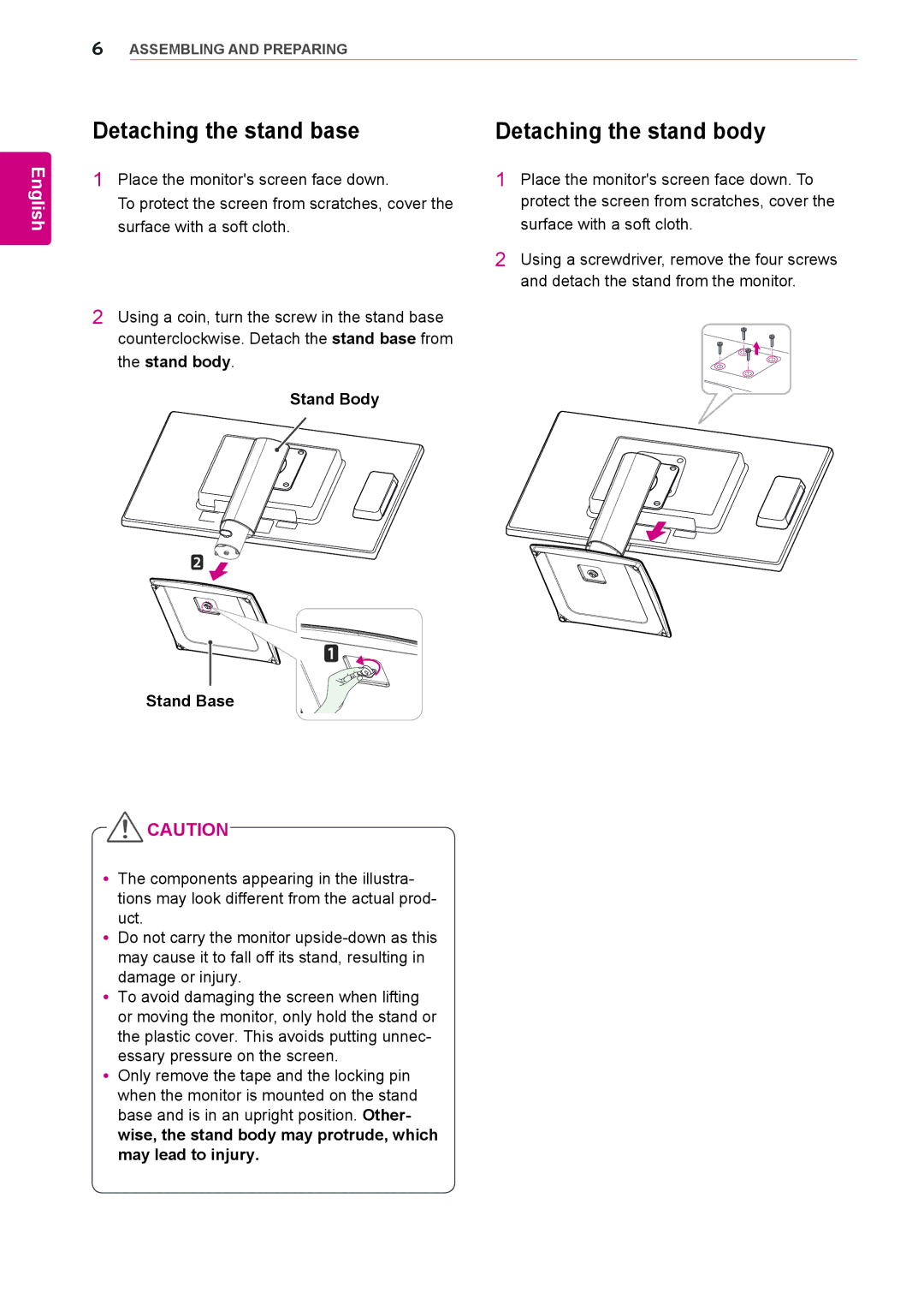 LG Electronics 23CAV42K owner manual Detaching the stand base, Detaching the stand body 