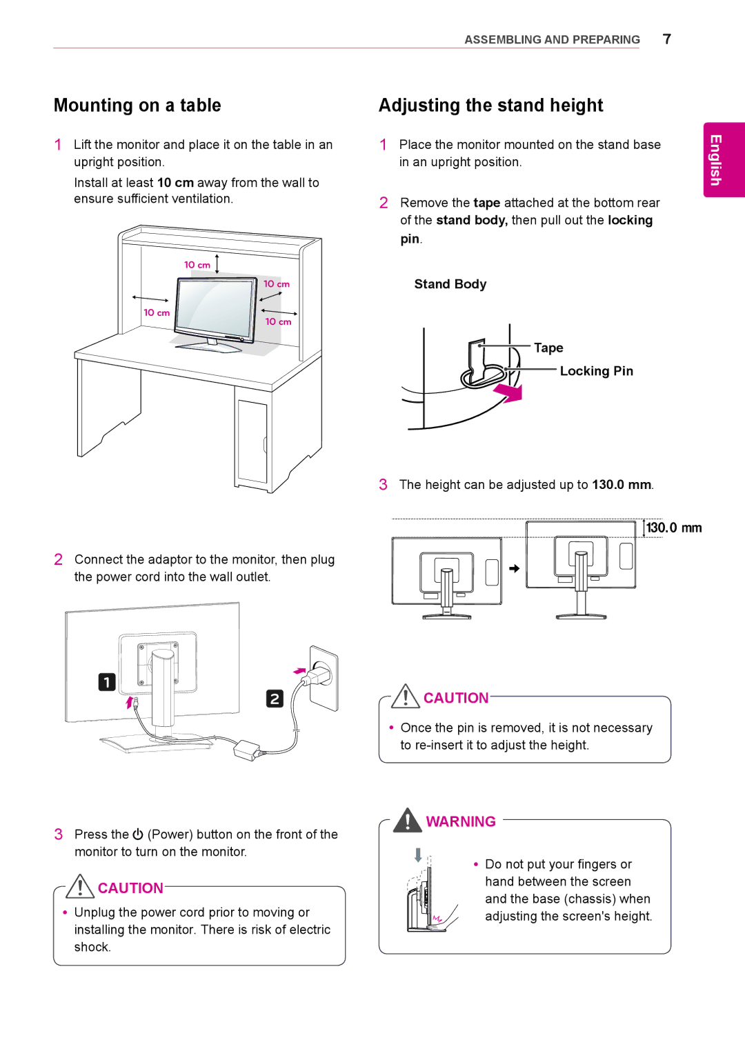 LG Electronics 23CAV42K owner manual Mounting on a table, Stand Body Tape Locking Pin 